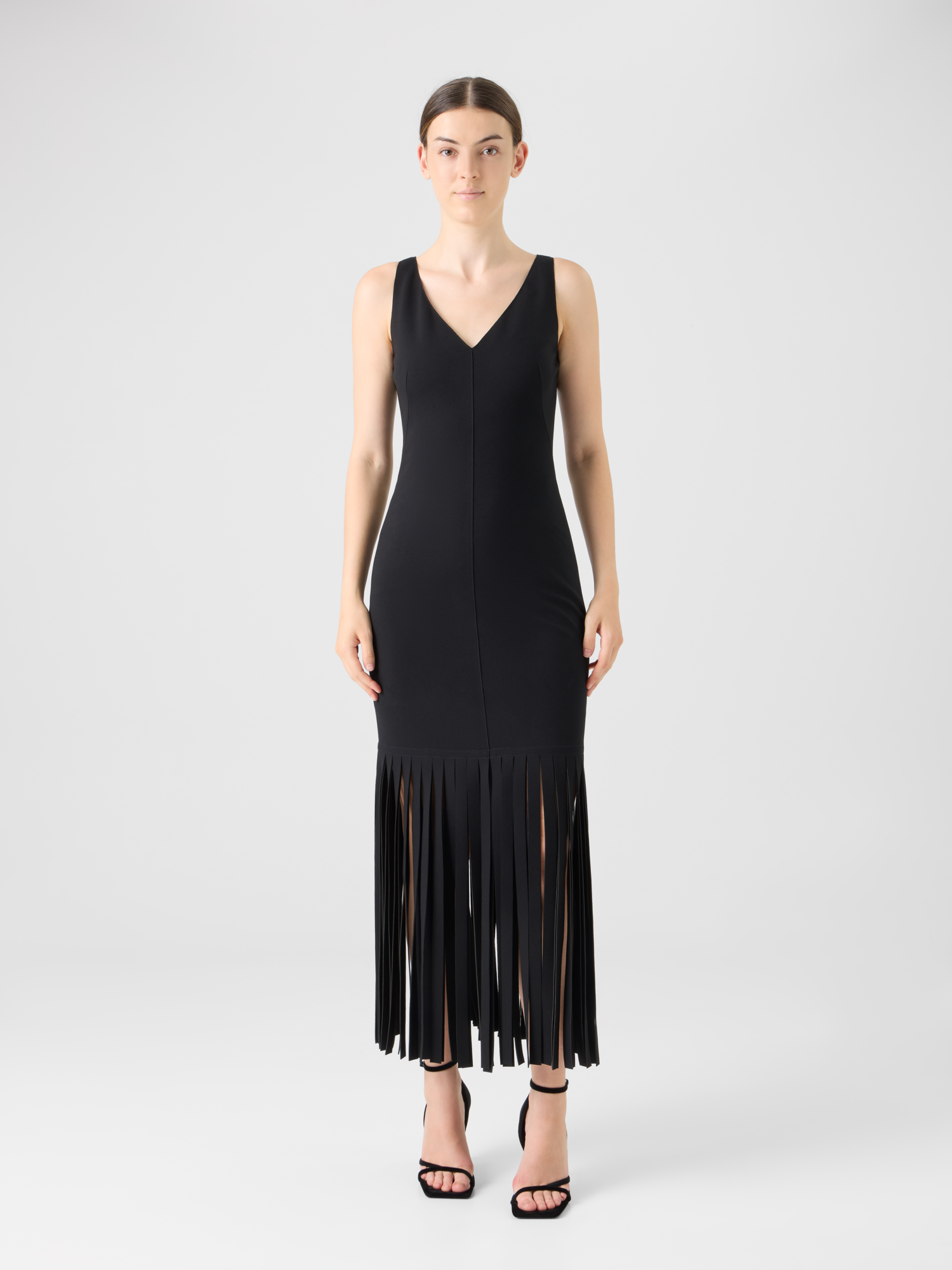 Designer Viscose Jersey Dress with Fringe Hem - black 