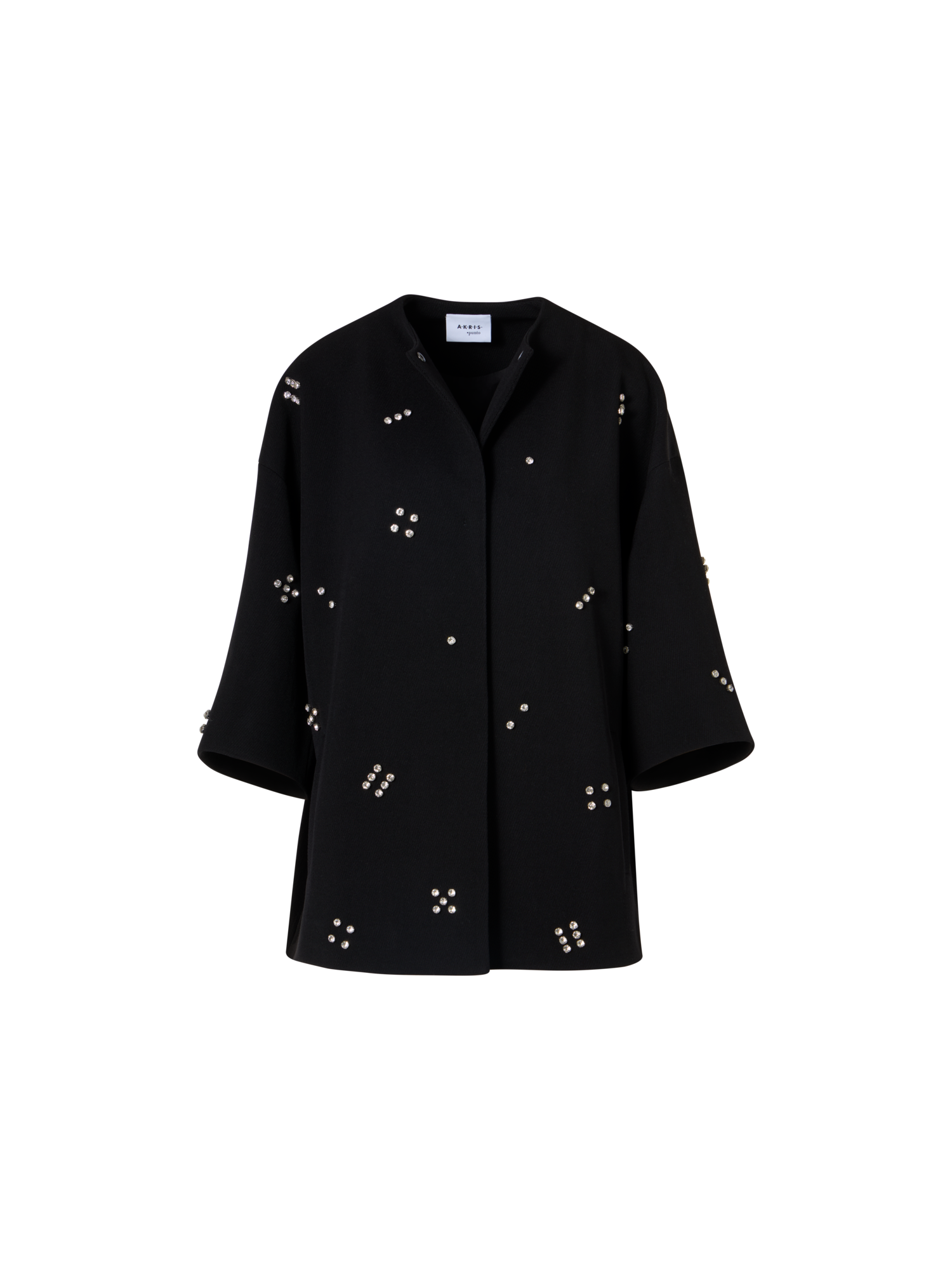 Designer Car Coat with Diamond Dice Dot Embellishment - black
