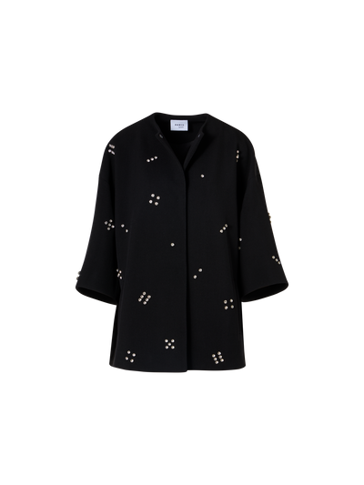 Designer Car Coat with Diamond Dice Dot Embellishment - black