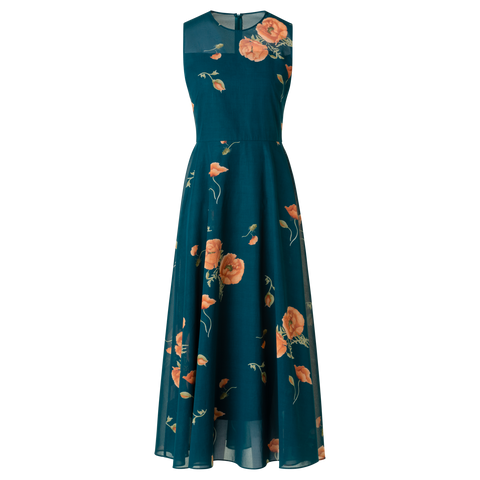 Flared Cotton Midi Dress with Anemone Print