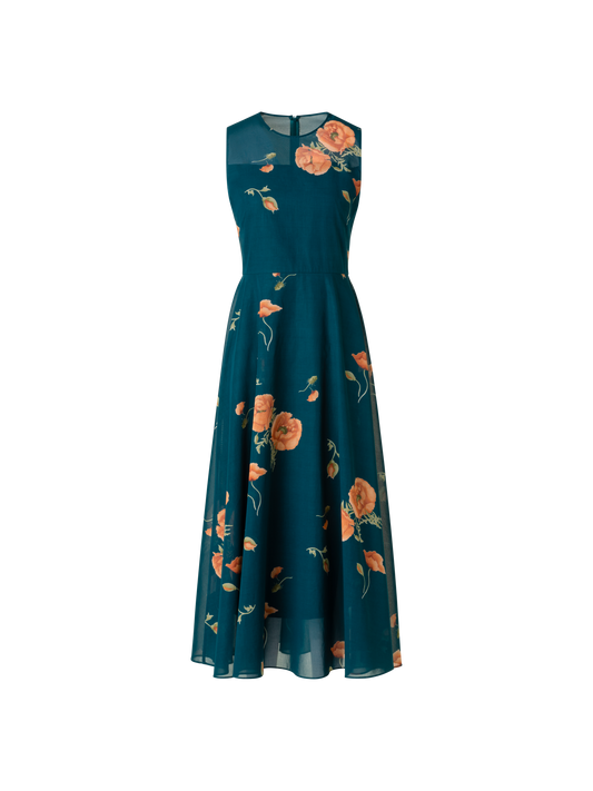Designer Flared Cotton Midi Dress with Anemone Print  - green - multicolor