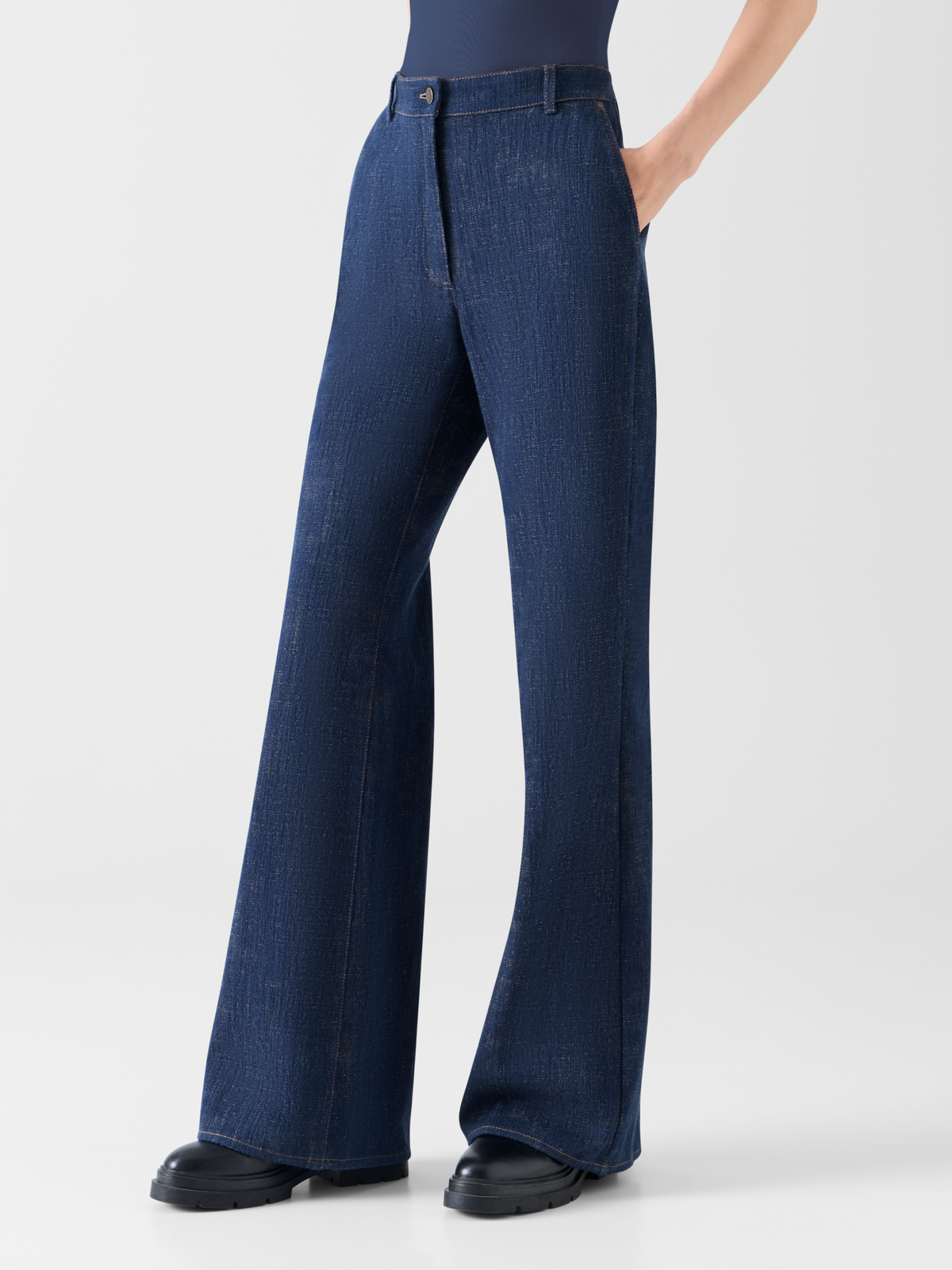 Designer Bootcut Pants in Brushed Winter Denim - navy #editorial