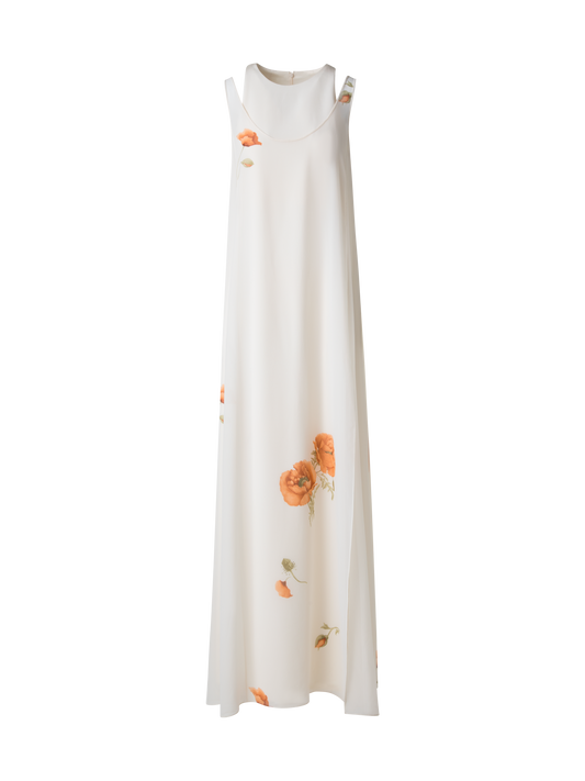 Designer Long Silk Gown with Anemone Print - neutral - multicolor - ecru - white