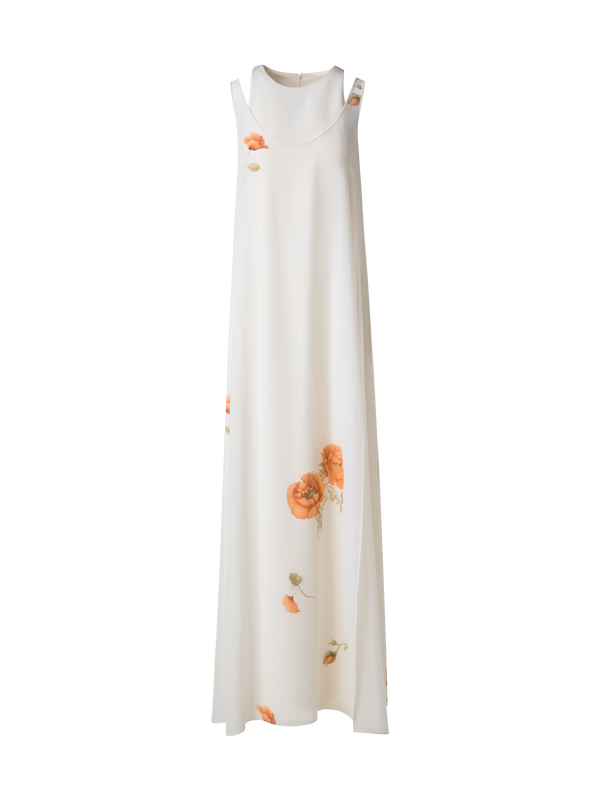 Designer Long Silk Gown with Anemone Print - neutral - multicolor - ecru - white