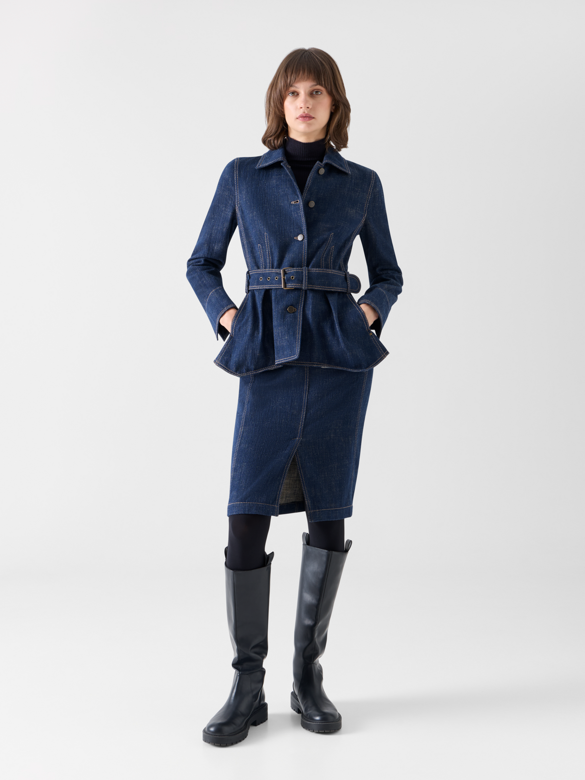 Designer High Waist Pencil Skirt in Brushed Winter Denim - navy - blue #editorial