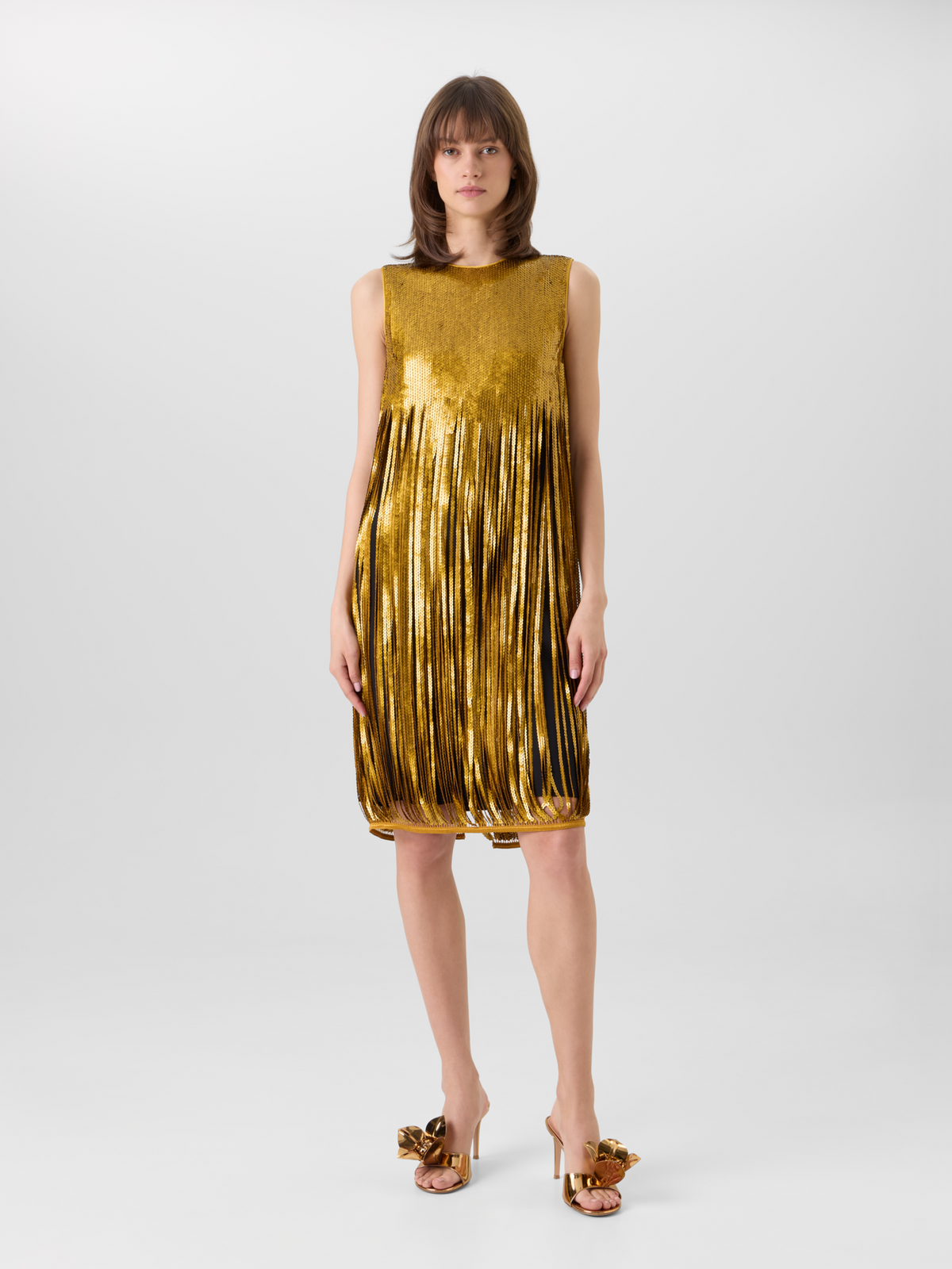 Designer Sequin Fringe Mini Dress - gold 