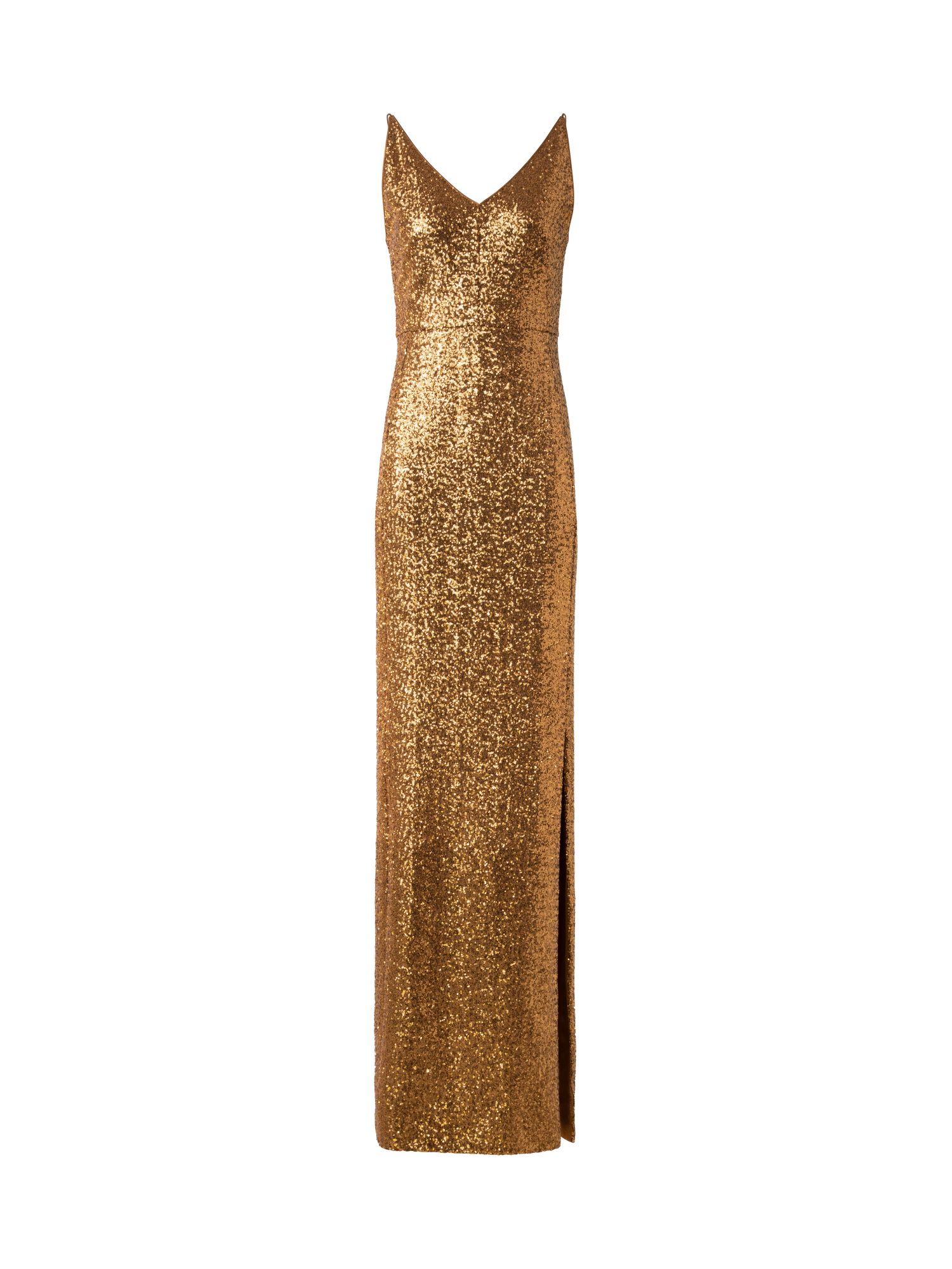 Designer Long Sequined Evening Gown with V-Neck - gold