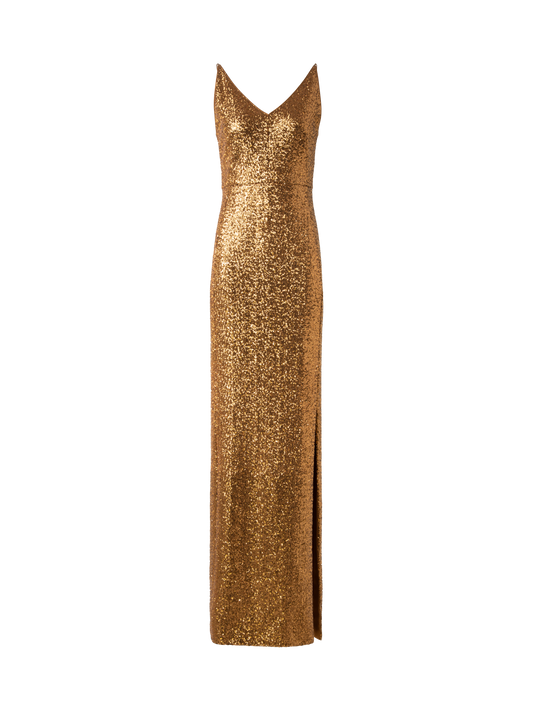 Designer Long Sequined Evening Gown with V-Neck - gold