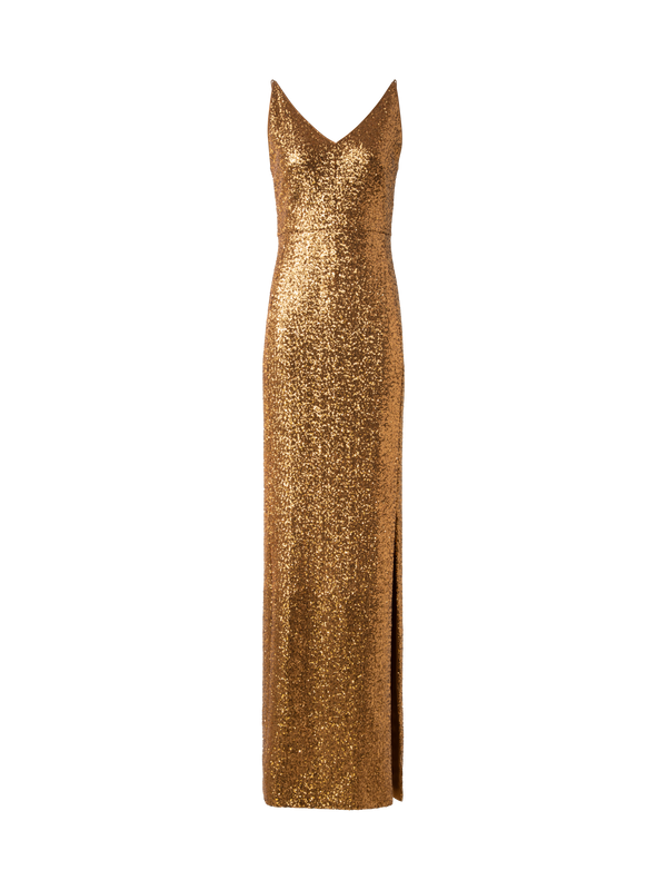 Designer Long Sequined Evening Gown with V-Neck - gold