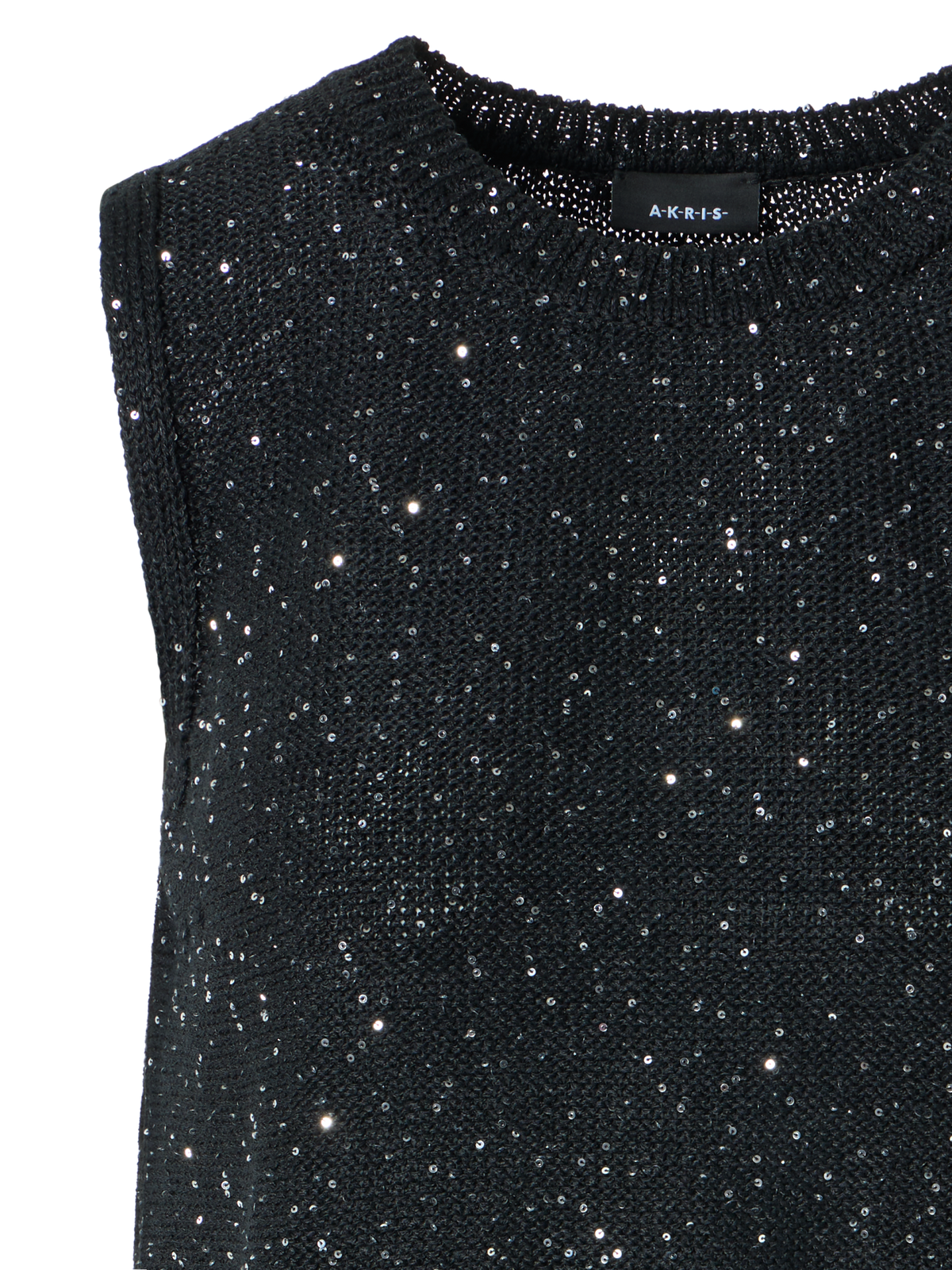 Designer Sleeveless Linen Cotton Knit Top with Sequins - black - neutral