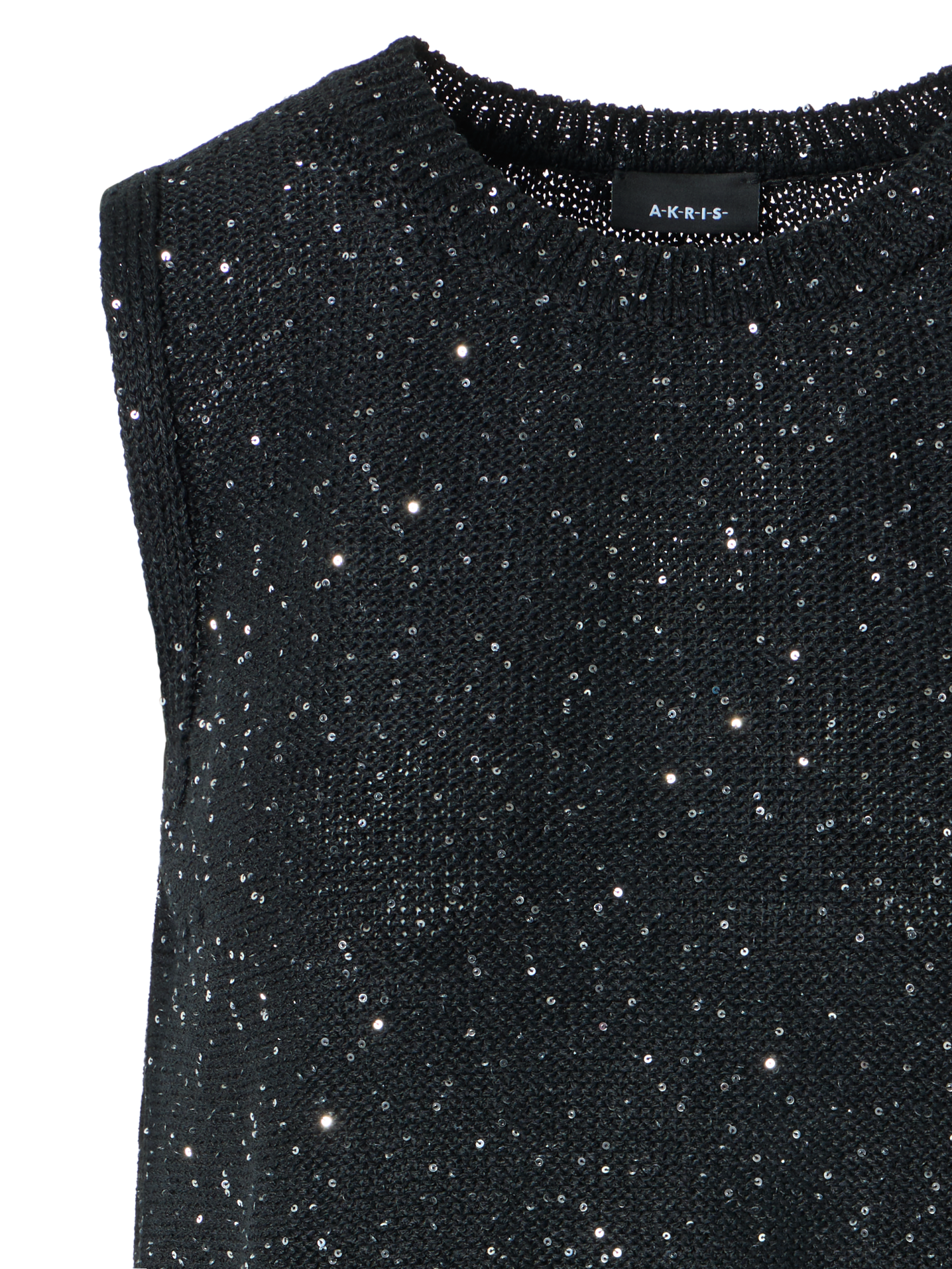 Designer Sleeveless Linen Cotton Knit Top with Sequins - black - neutral