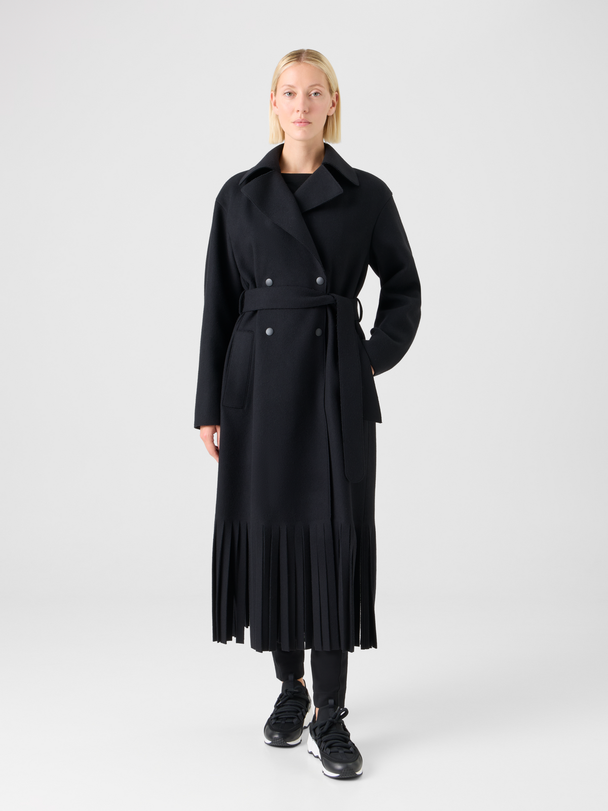 Designer Fringed Felted Wool Trench Coat - black #editorial