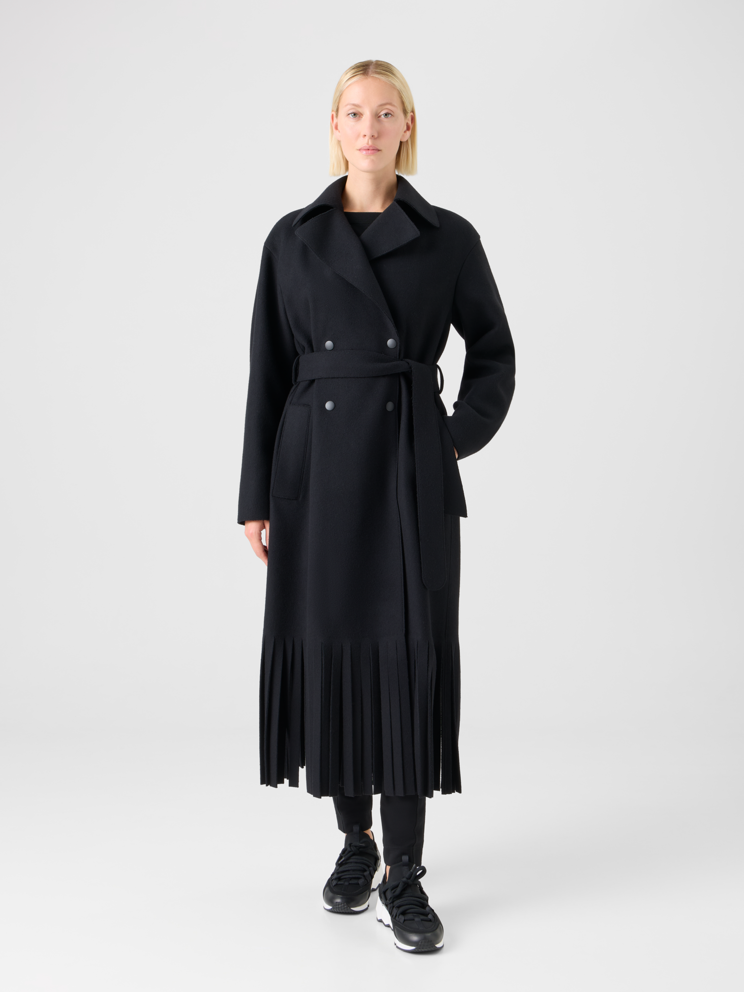 Designer Fringed Felted Wool Trench Coat - black 