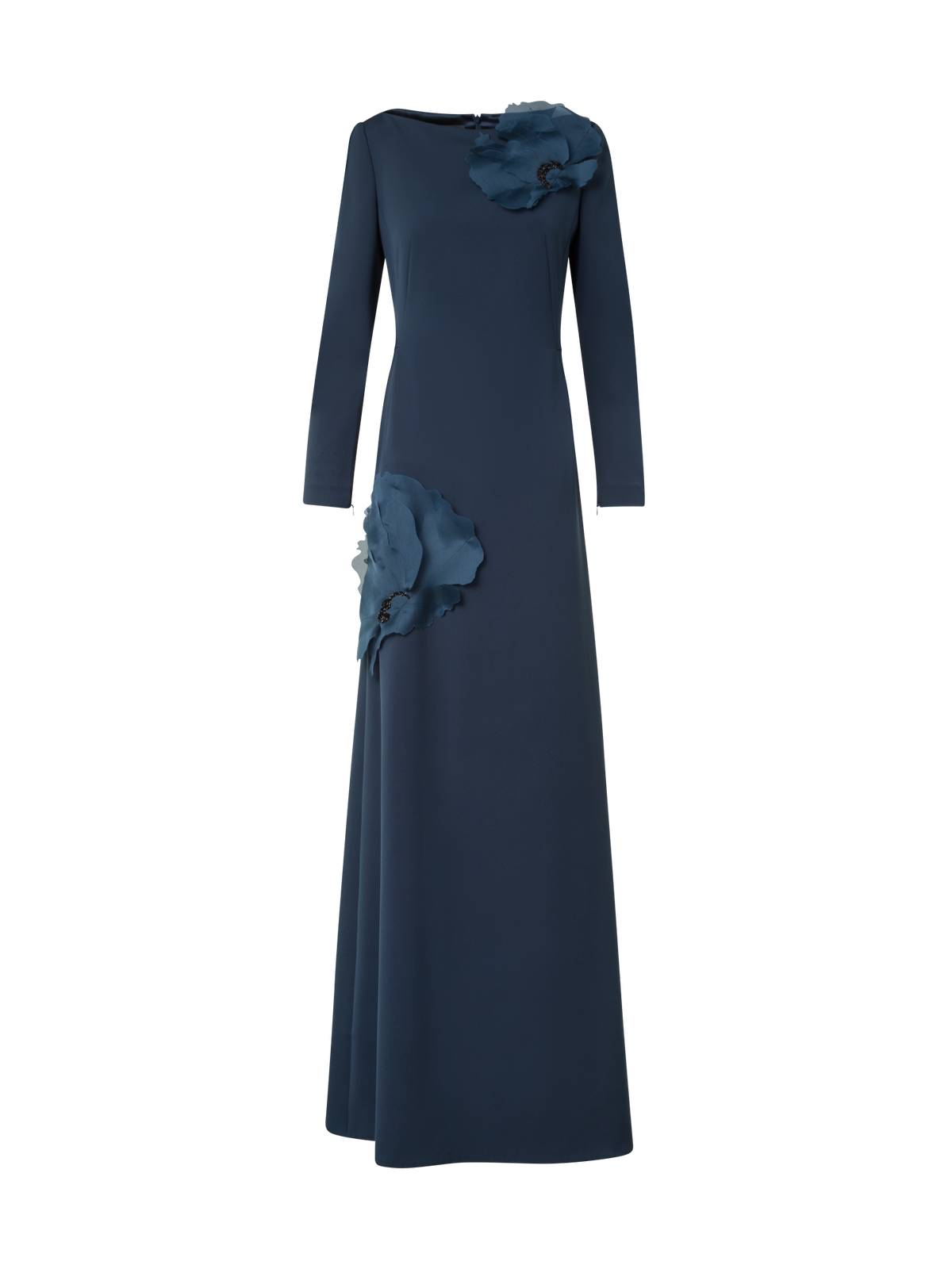 Designer Silk Gown with 3D Anemone - neutral - navy - blue