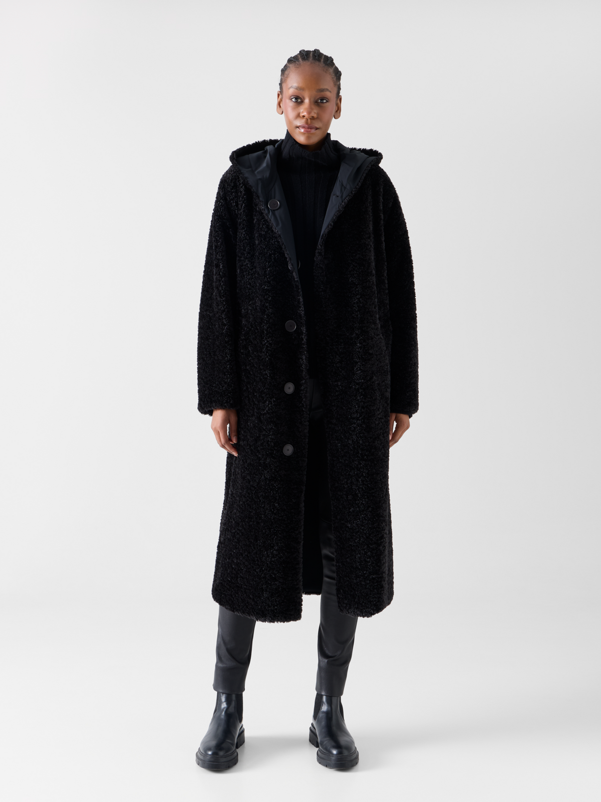 Designer Reversible Oversize Hooded Faux Fur Coat - black 