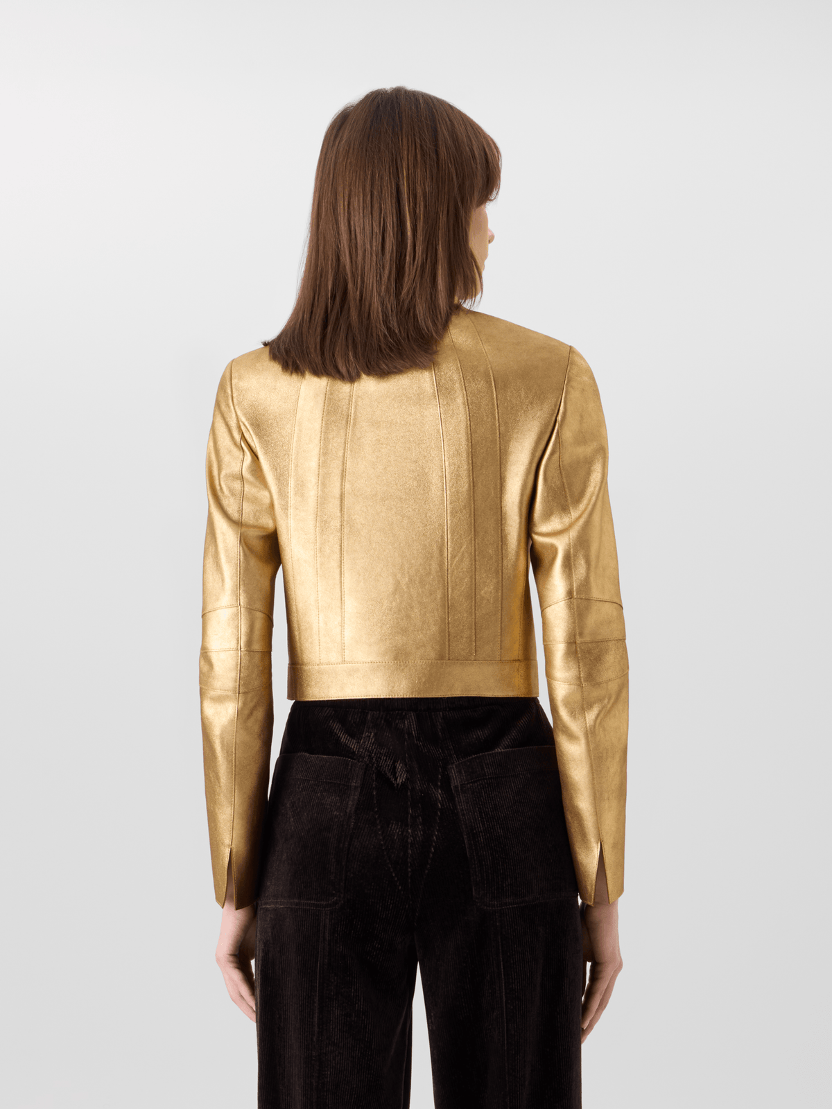 Designer Short Fitted Lamé Calf Nappa Leather Jacket - gold #editorial