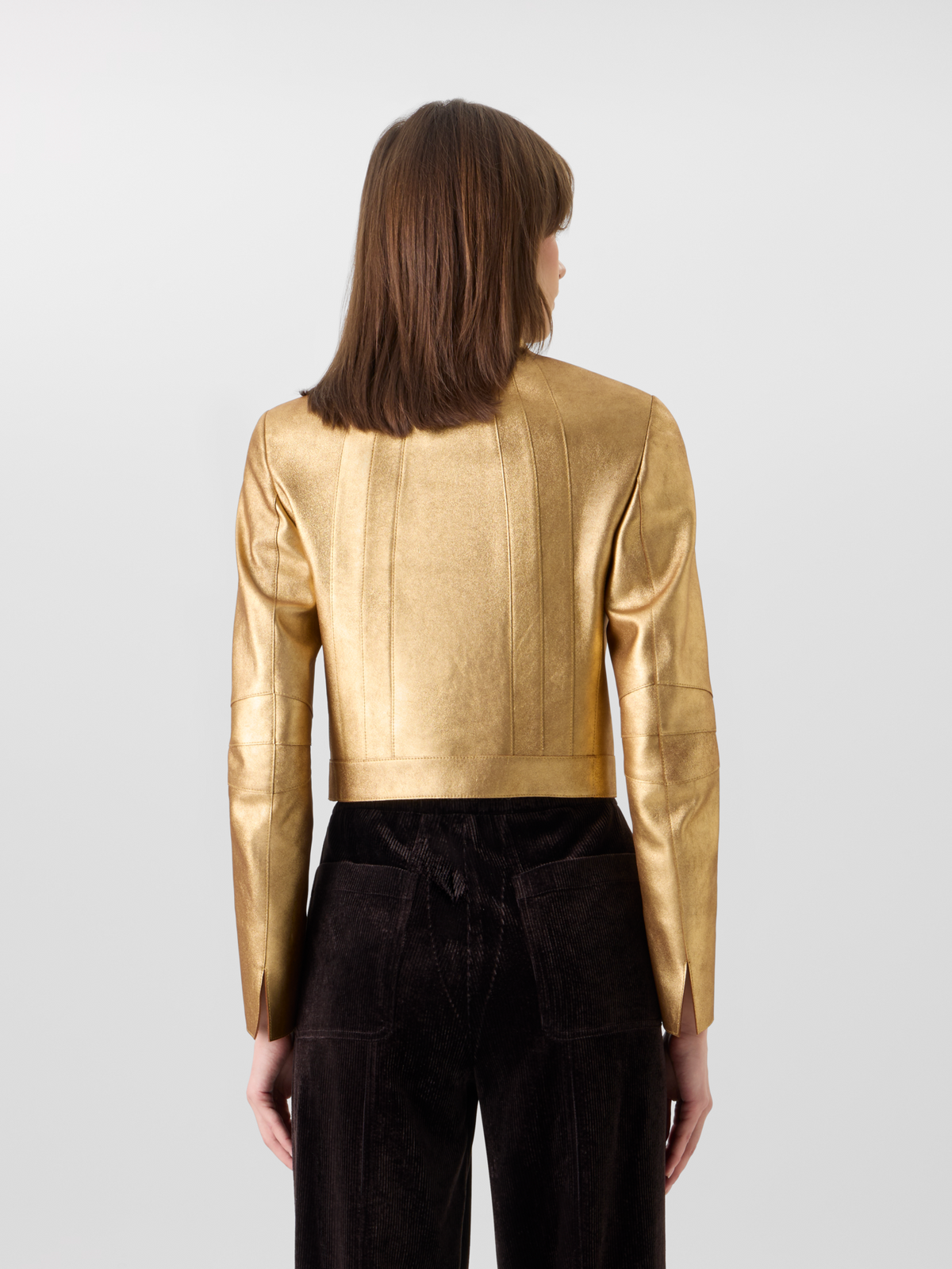 Designer Short Fitted Lamé Calf Nappa Leather Jacket - gold 