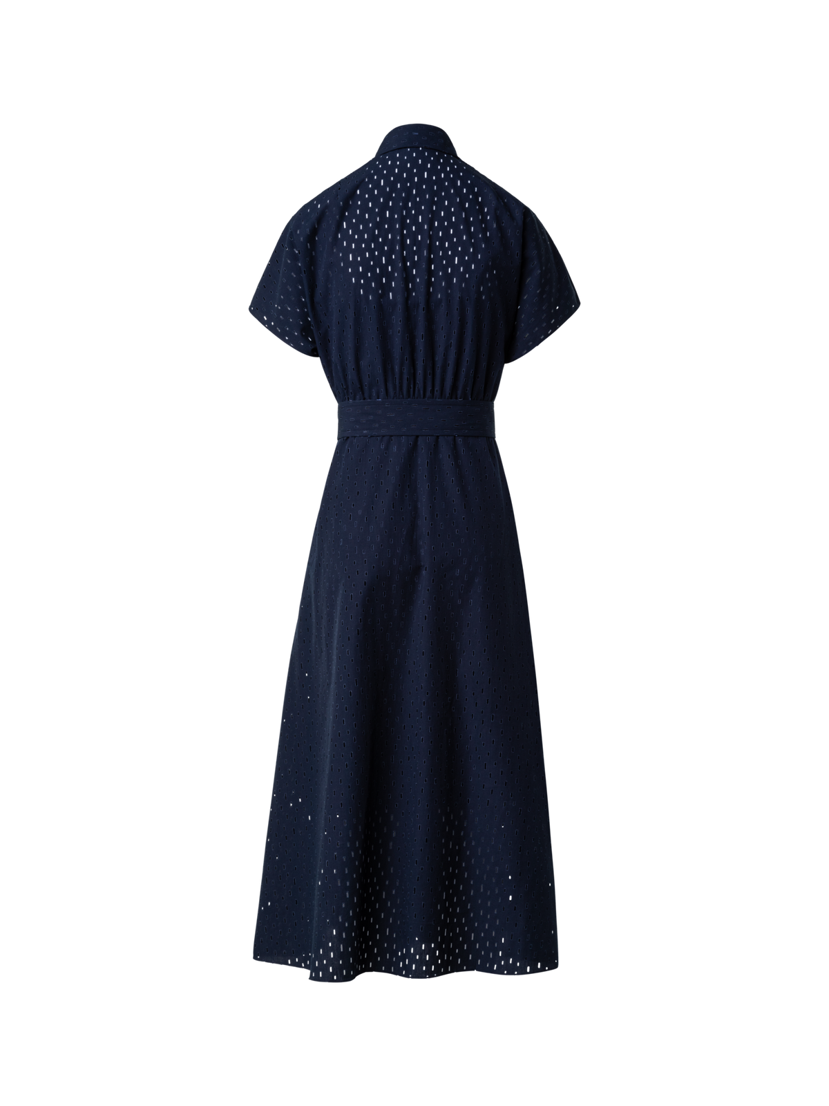 Designer A-Line Flare Cotton Lasercut Grid Midi Dress - navy