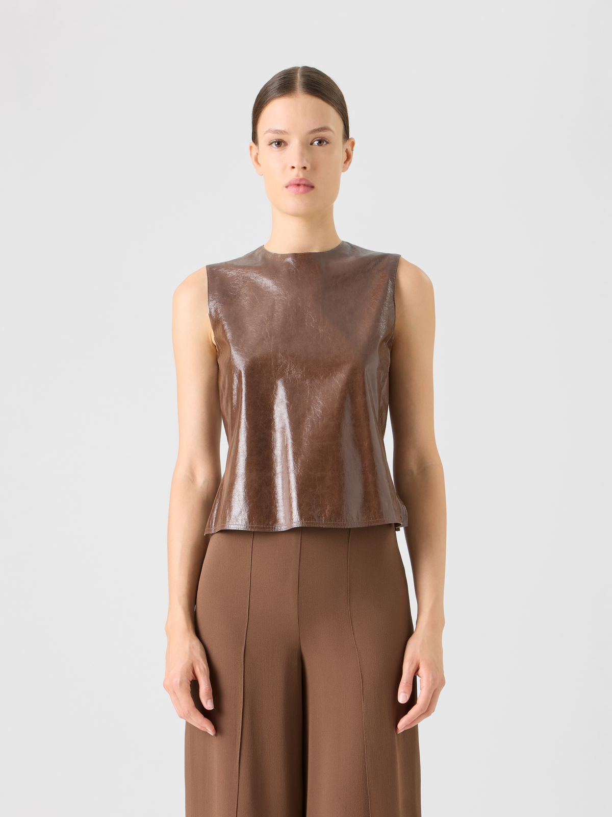 Designer Sleeveless Lacquered Leather Top - brown #editorial