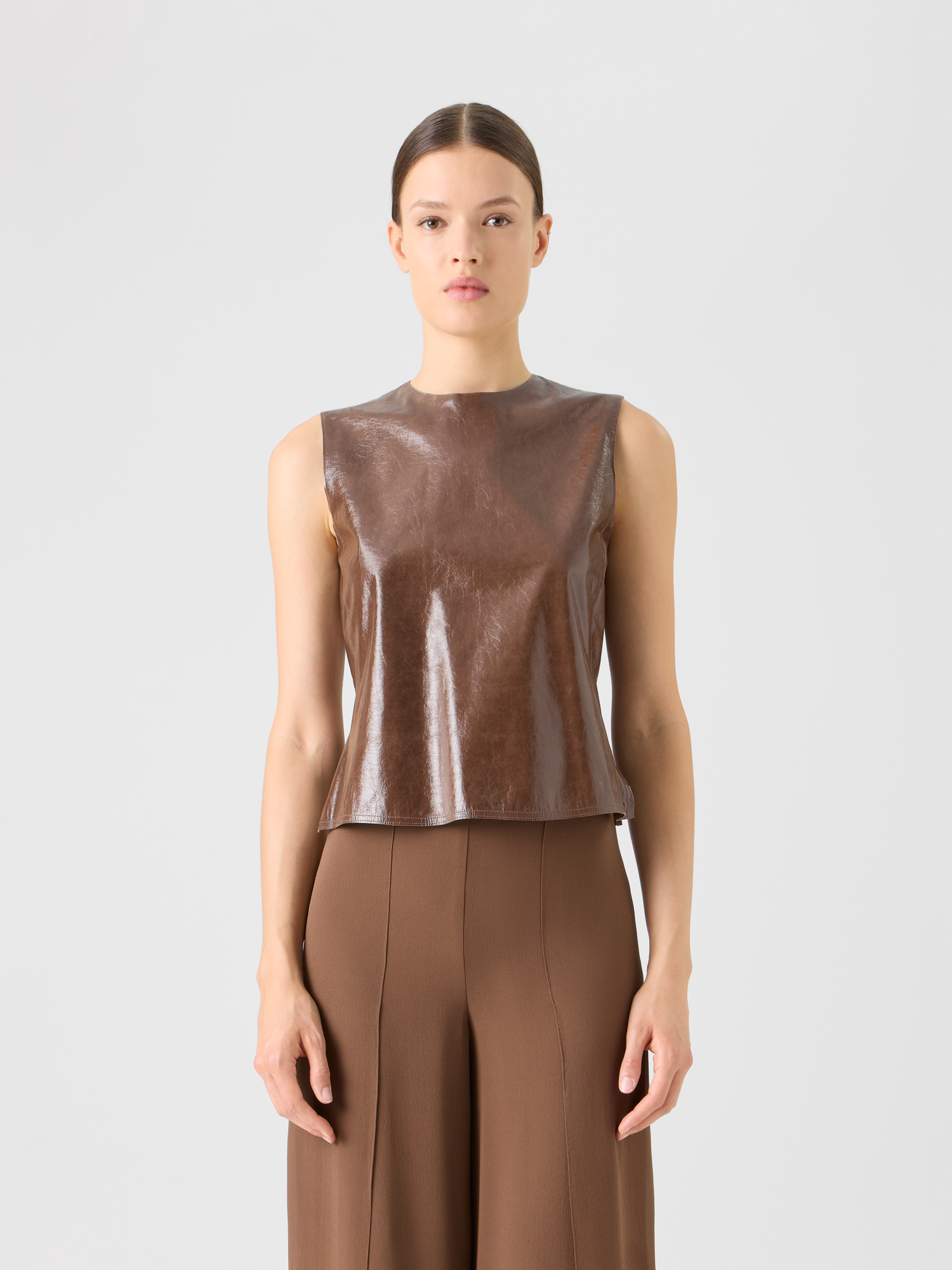 Designer Sleeveless Lacquered Leather Top - brown 