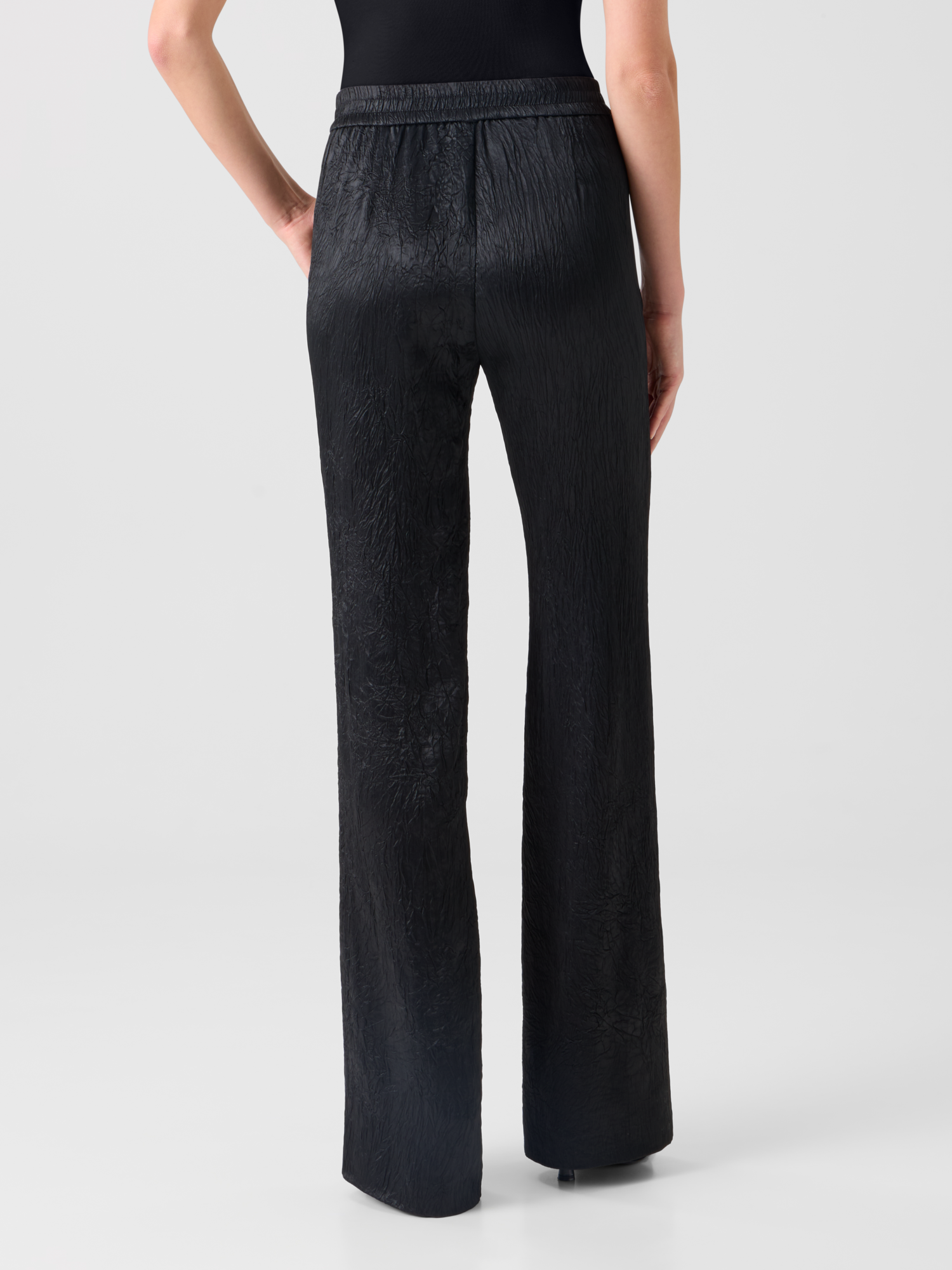 Designer Marla Elastic Waist Crinkled Satin Straight Pants - black