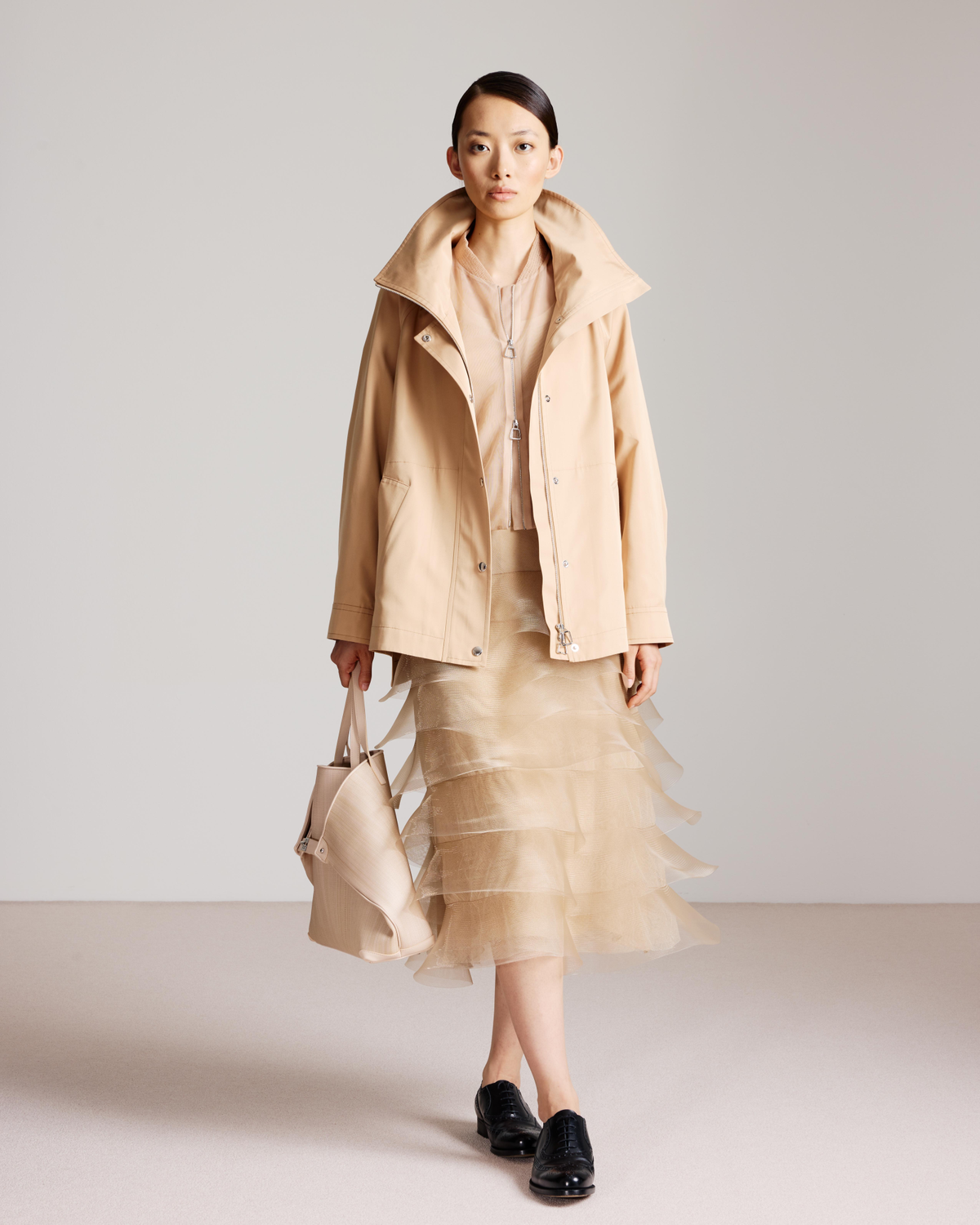 Designer Pencil Skirt with Tulle Waves - neutral - pastel - beige #editorial