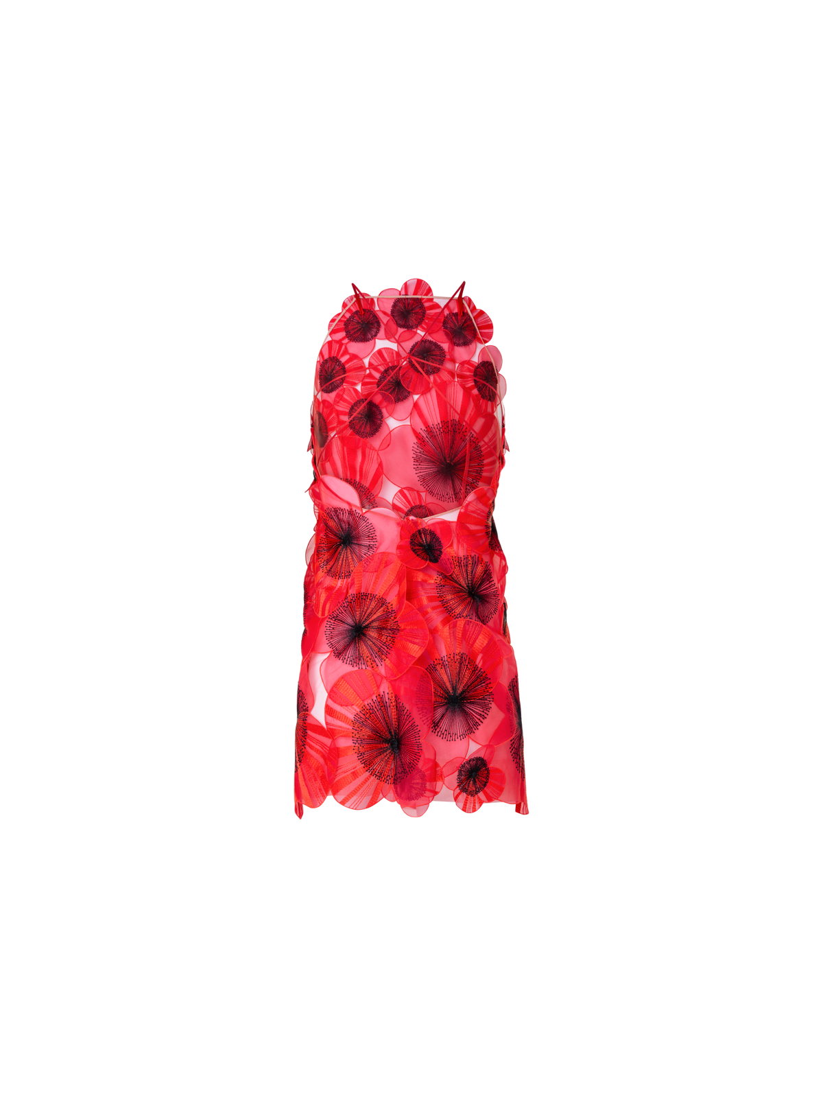 Designer Short Open Back Dress with Poppy Embroidery - red