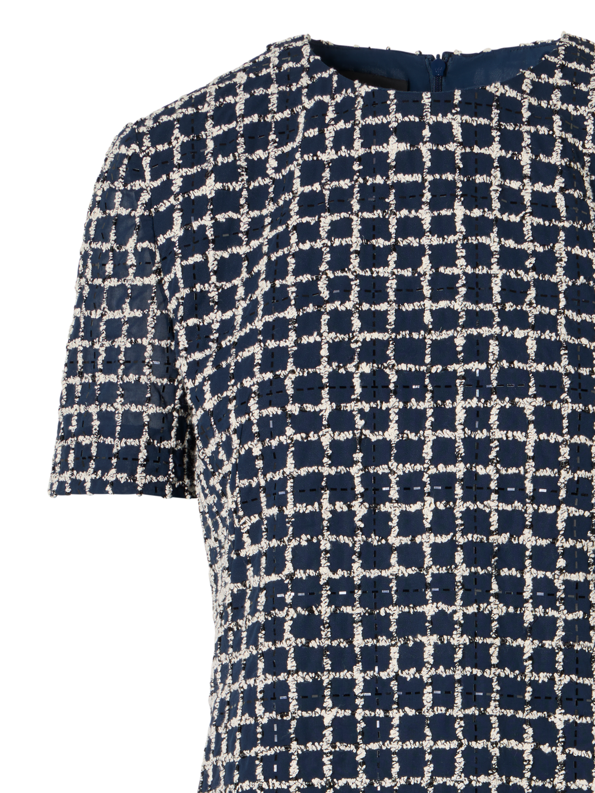 Designer Short-Sleeve Tweed Check Sheath Dress - blue