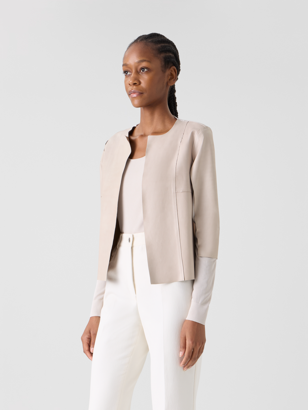 Designer Leather Panel Knit Cardigan with Sheer Back - neutral - beige #editorial