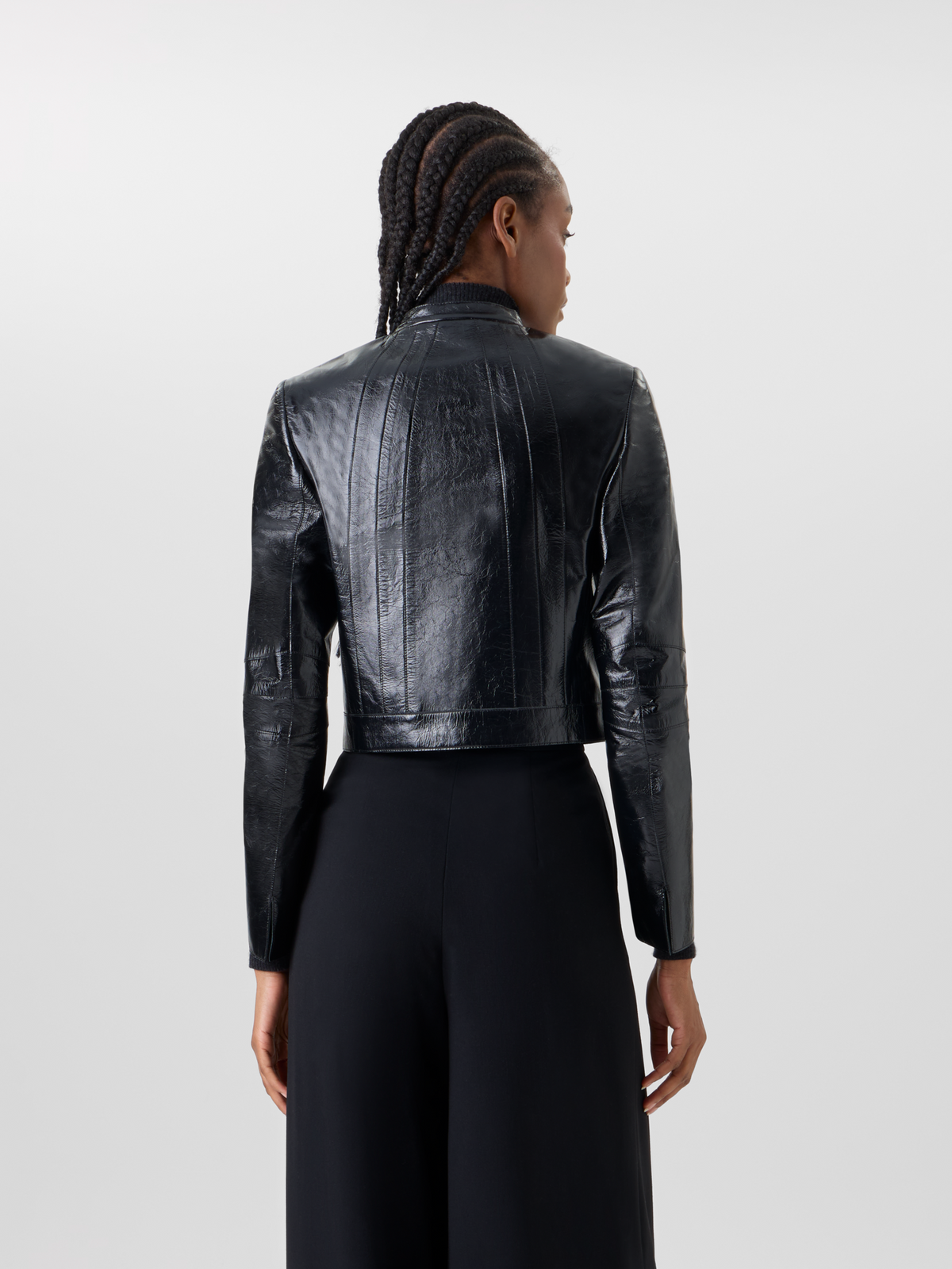 Designer Short Fitted Lacquered Nappa Leather Jacket - black 