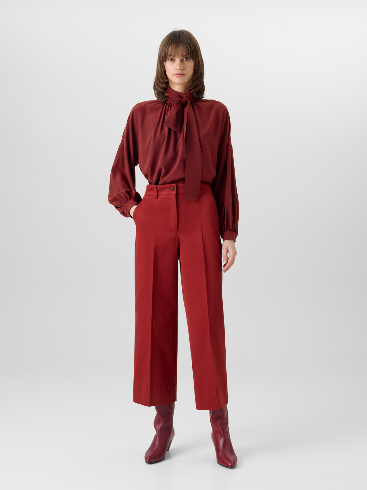 Designer Long-Sleeve Silk Crêpe de Chine Blouse - red #editorial