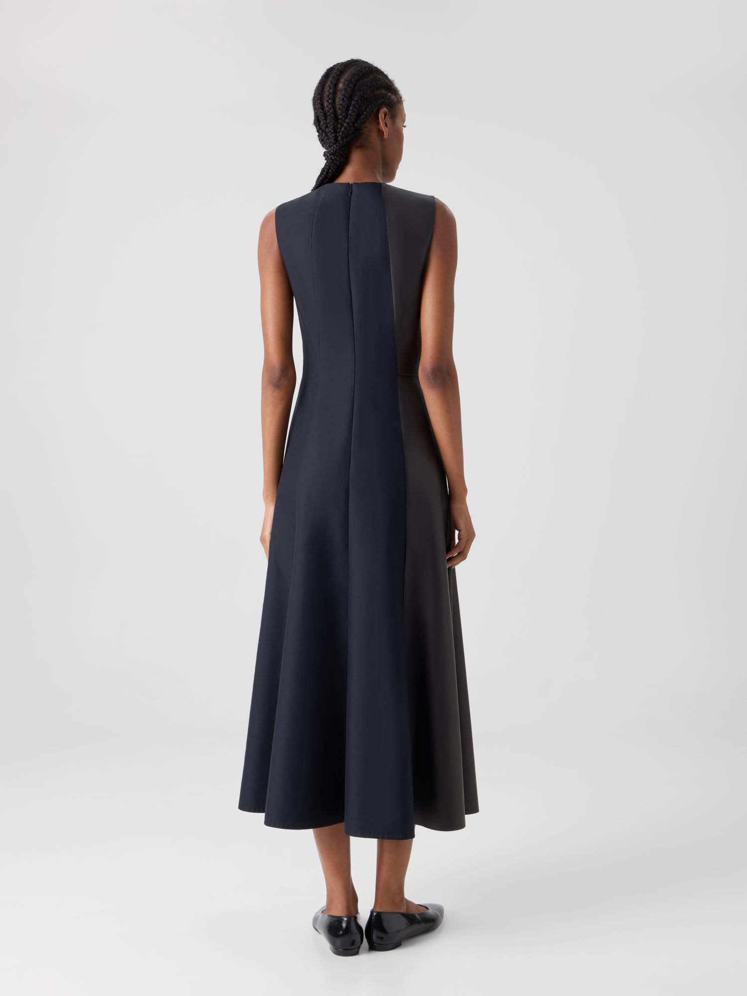 Designer Flared Midi Dress with Leather Patchwork - black