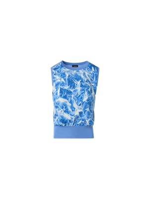 Designer Silk Knit Top with Whitecaps Print - blue