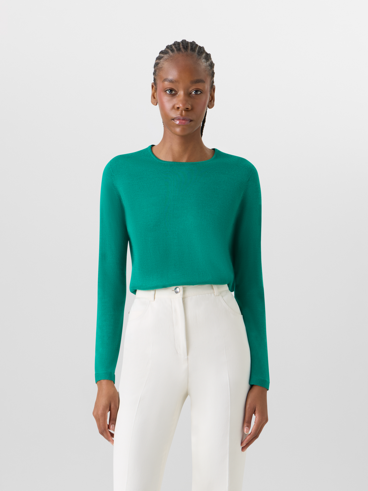 Designer Long-Sleeve Cashmere-Silk Knit Sweater - green #editorial