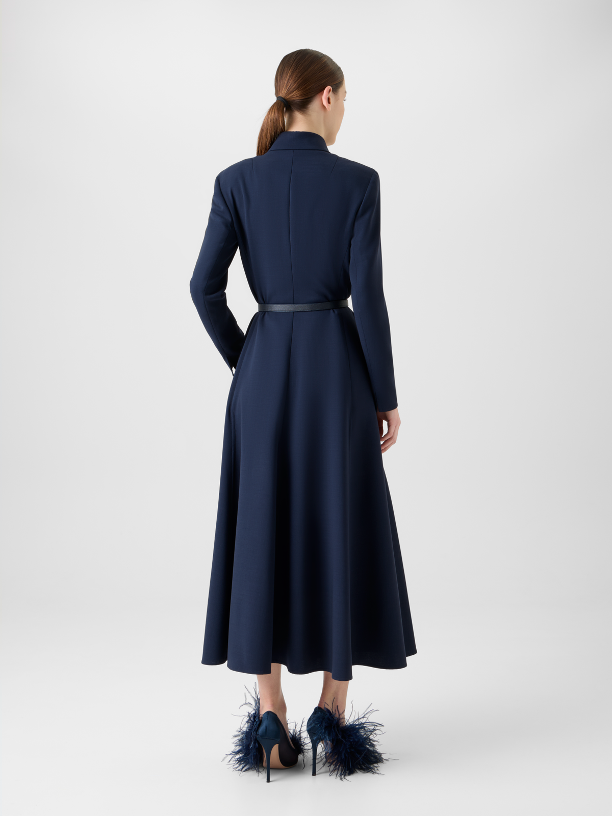 Designer Belted Wool Double-Face Midi Shirt Dress - neutral - navy - blue #editorial