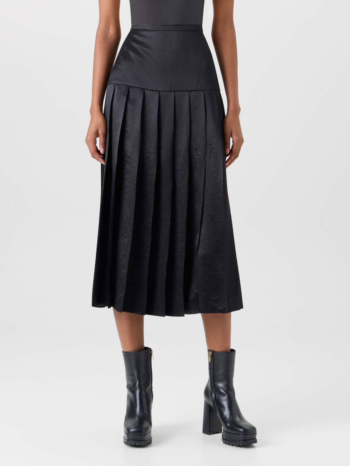 Designer Pleated Satin Midi Skirt - black 