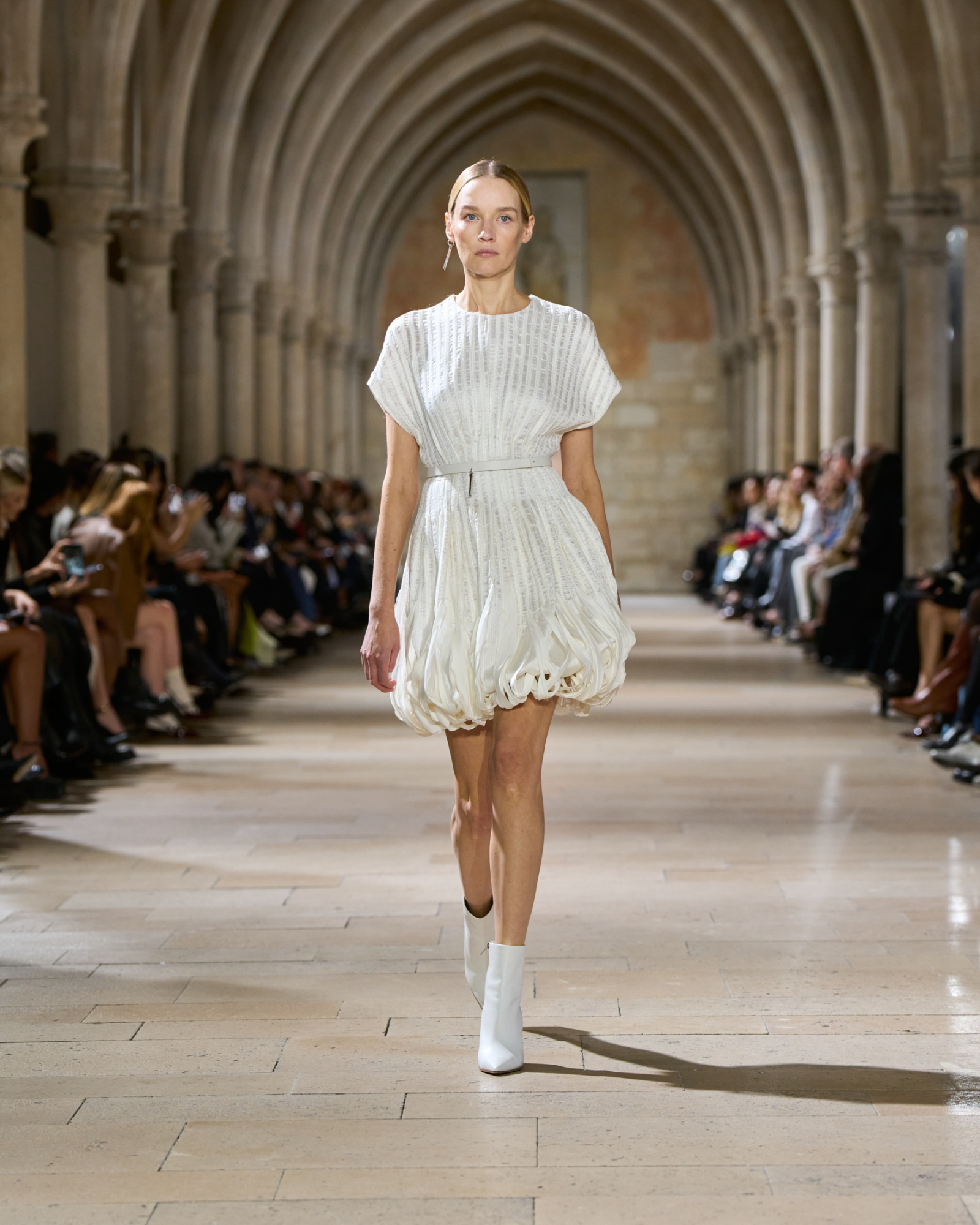 Designer Short Flared Silk Dress with Ribbon Loops Skirt - ecru - white 