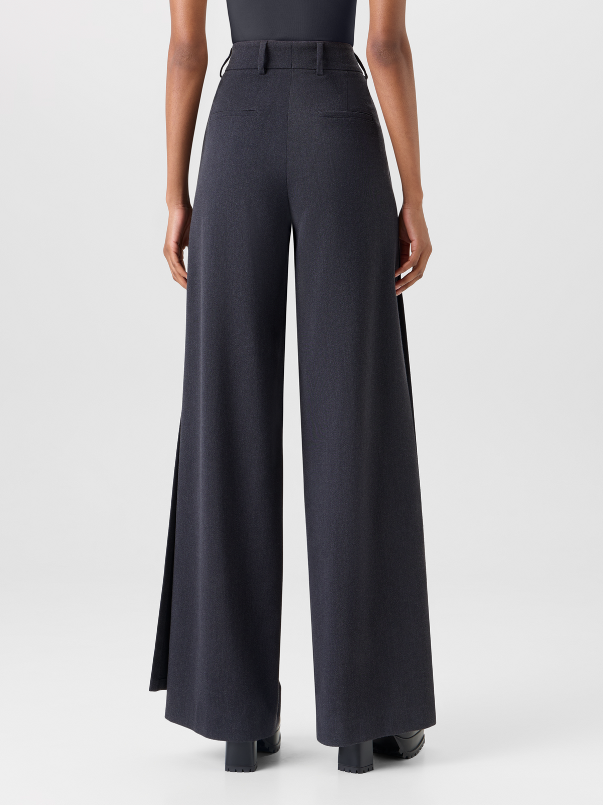 Designer Wide Wool Gabardine Pants with Front Overlayer - grey 