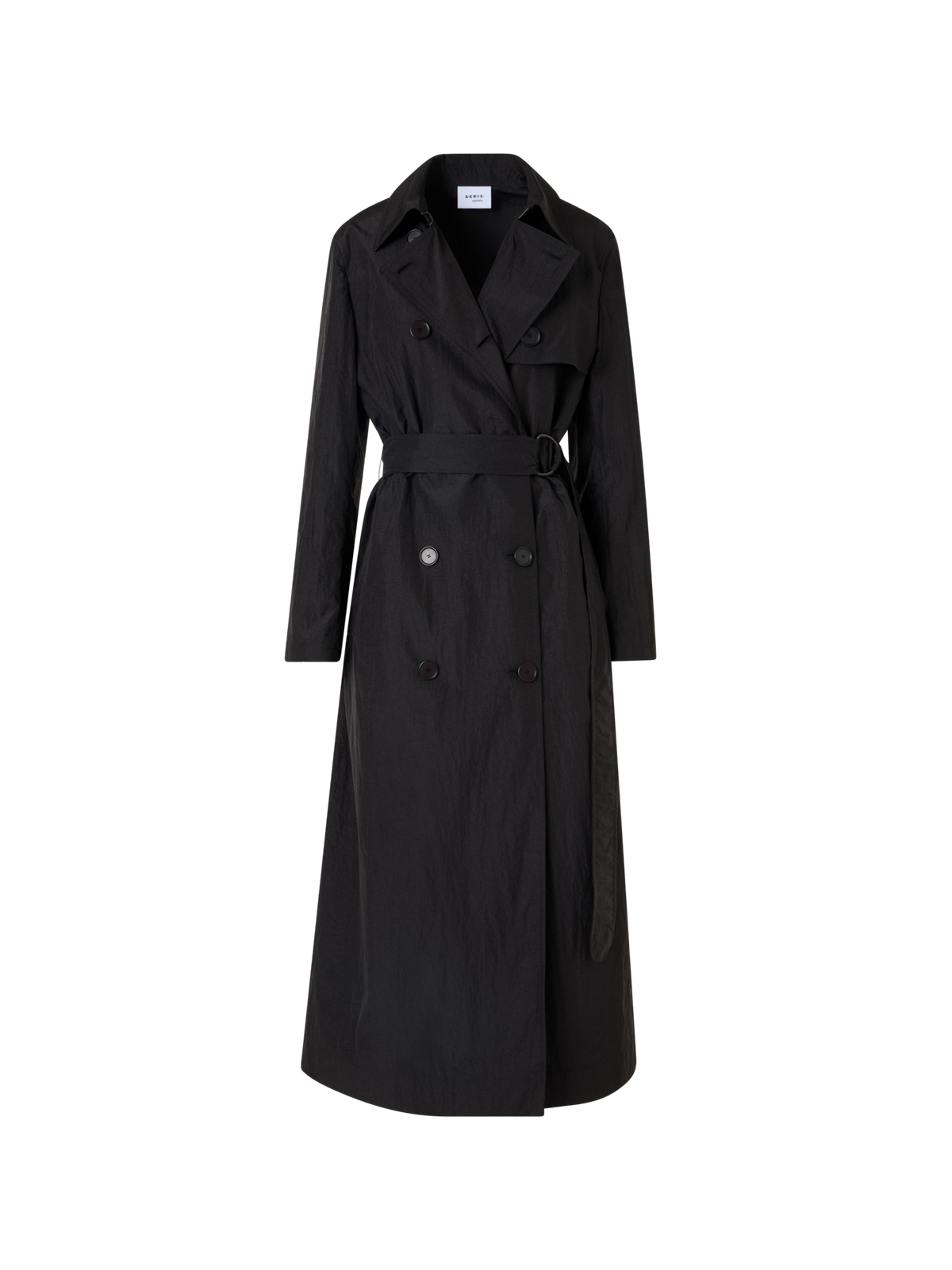 Designer Long-Sleeve Crinkled Parachute-Taffeta Long Trench Coat - black