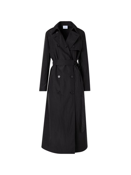 Designer Long-Sleeve Crinkled Parachute-Taffeta Long Trench Coat - black