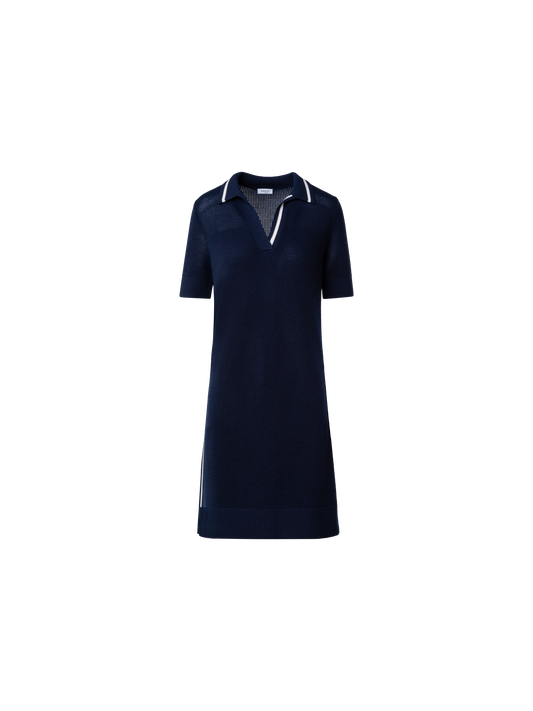Designer Wool Blend Mesh Knit Polo Dress - navy - blue - multicolor