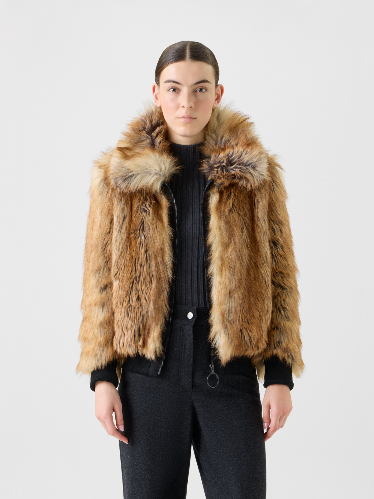 Designer Faux Fur Bomber Jacket - neutral - brown #editorial