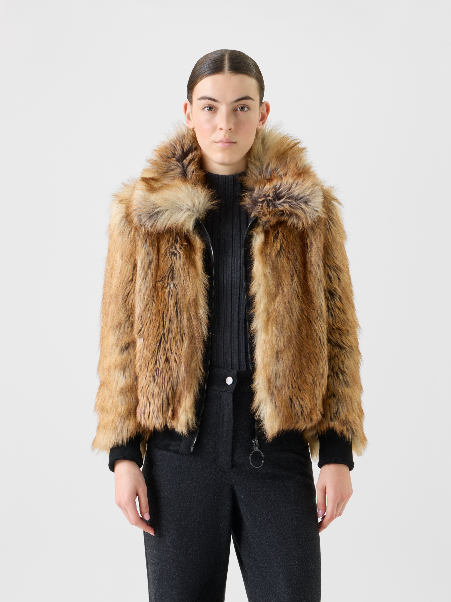 Designer Faux Fur Bomber Jacket - neutral - brown 
