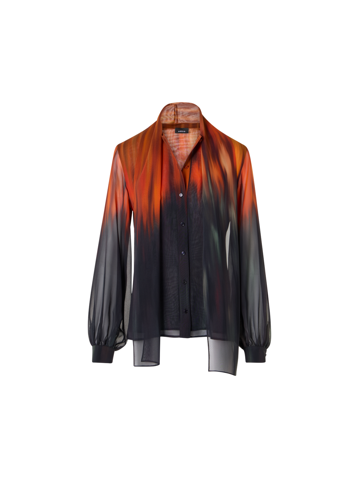 Designer Silk Blouse with Fuego Negro Print and Scarf - multicolor - black - orange - red