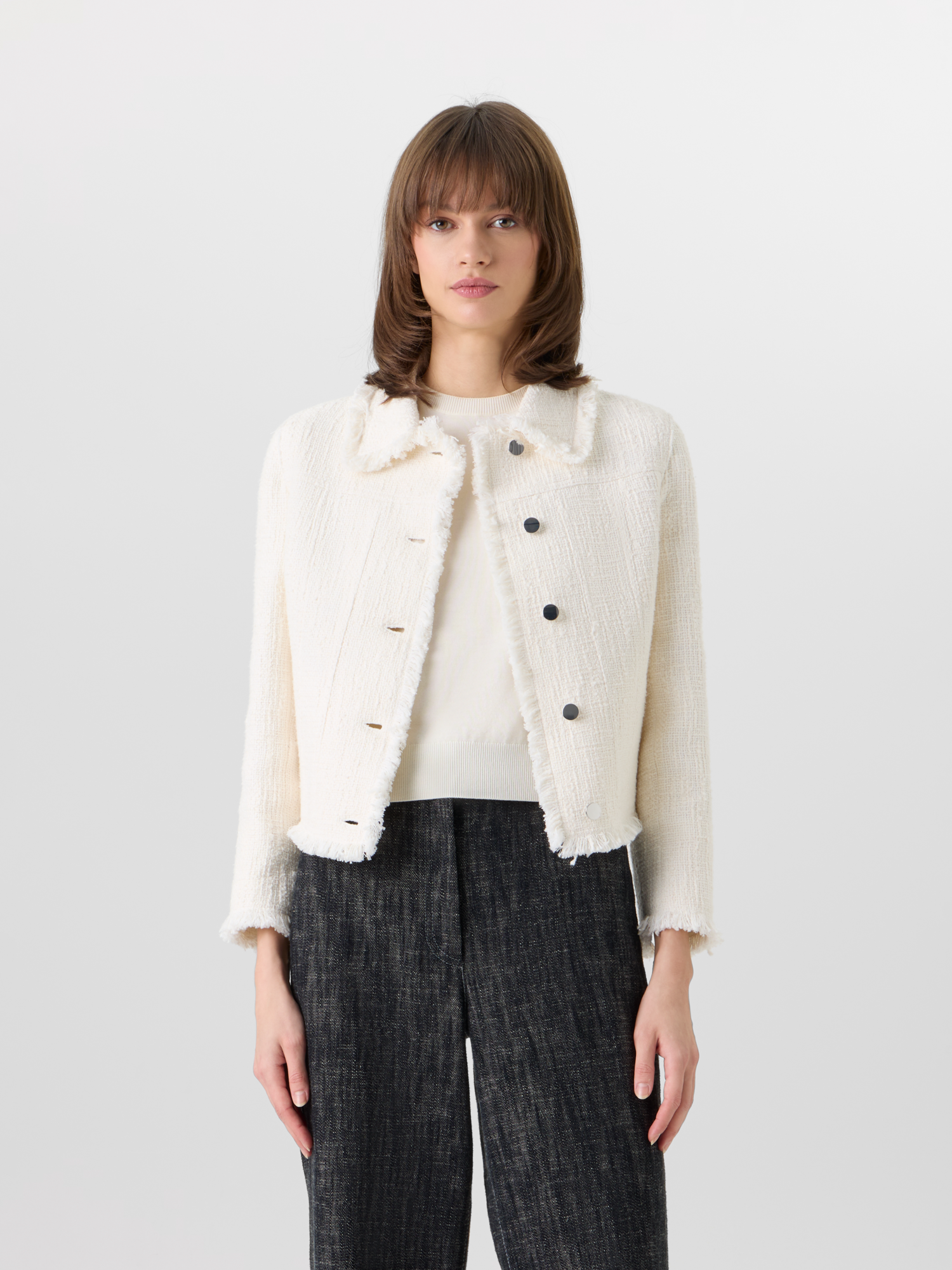 Designer Long-Sleeve Cotton-Blend Tweed Short Jacket - ecru 