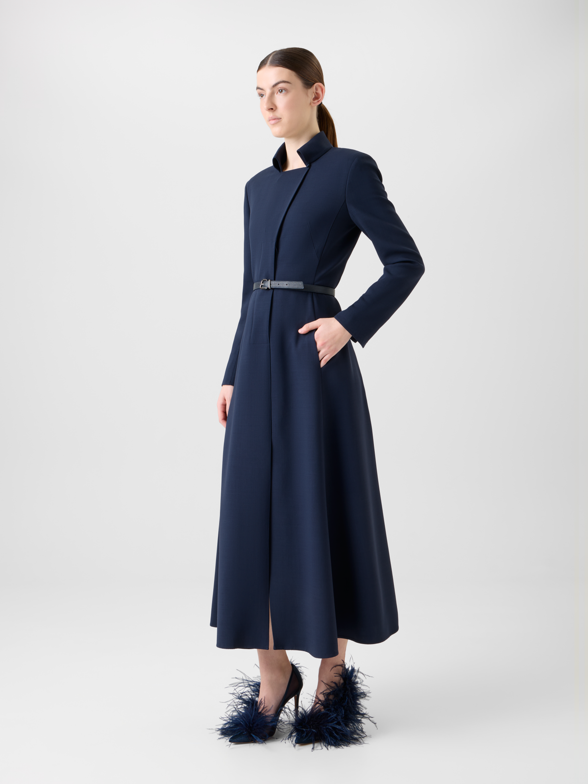 Designer Belted Wool Double-Face Midi Shirt Dress - neutral - navy - blue #editorial