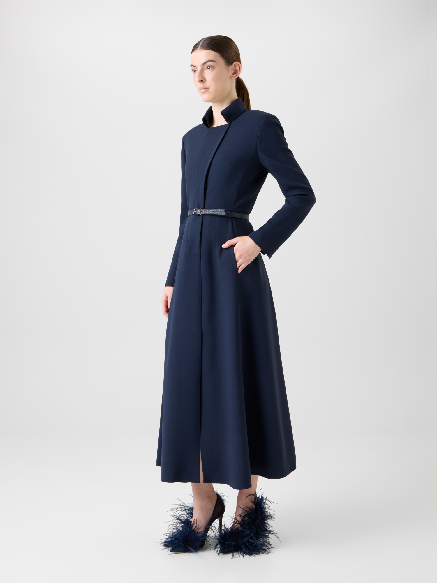 Designer Belted Wool Double-Face Midi Shirt Dress - neutral - navy - blue 