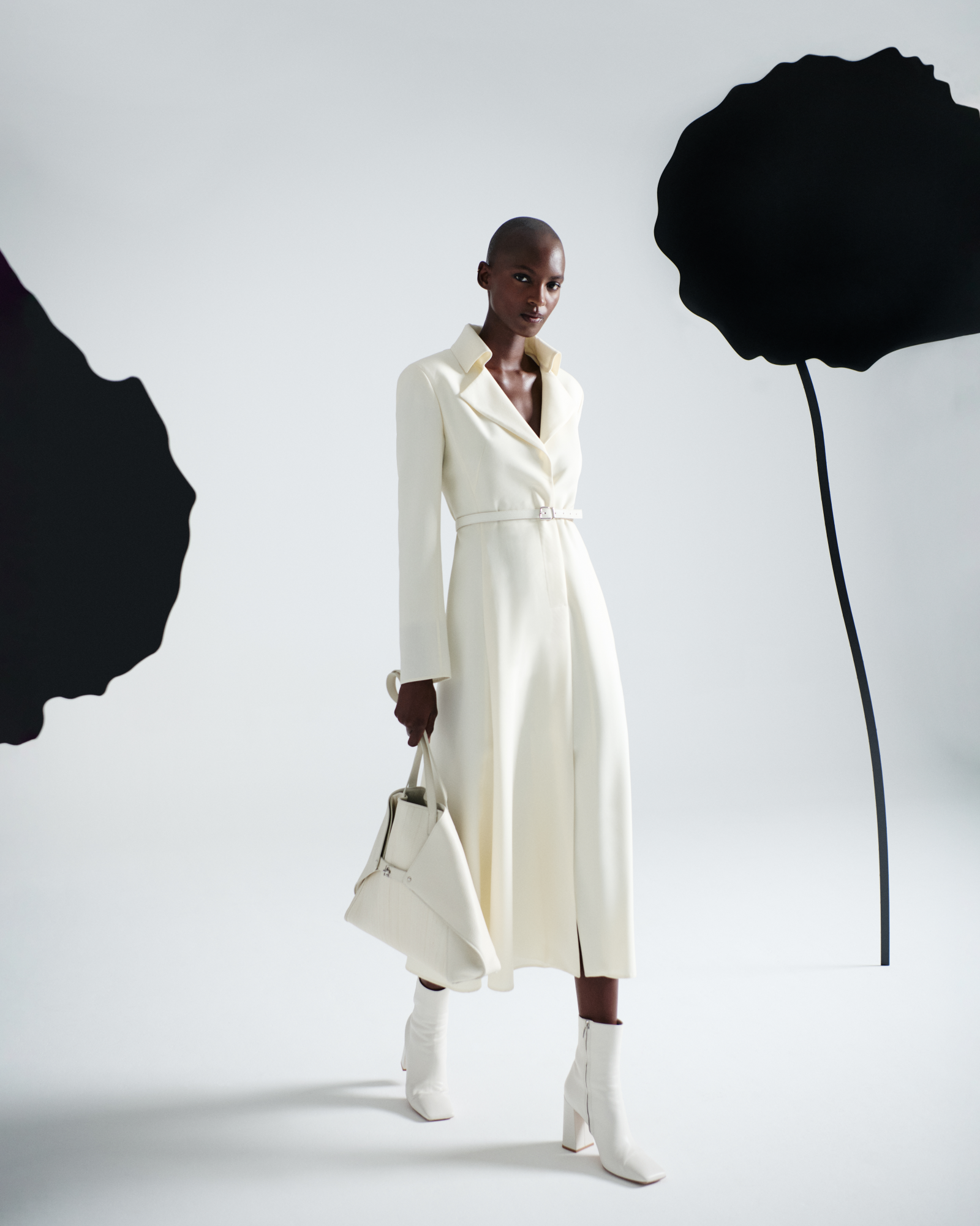 Designer Belted Midi Dress in Wool Double-Face - ecru - white 