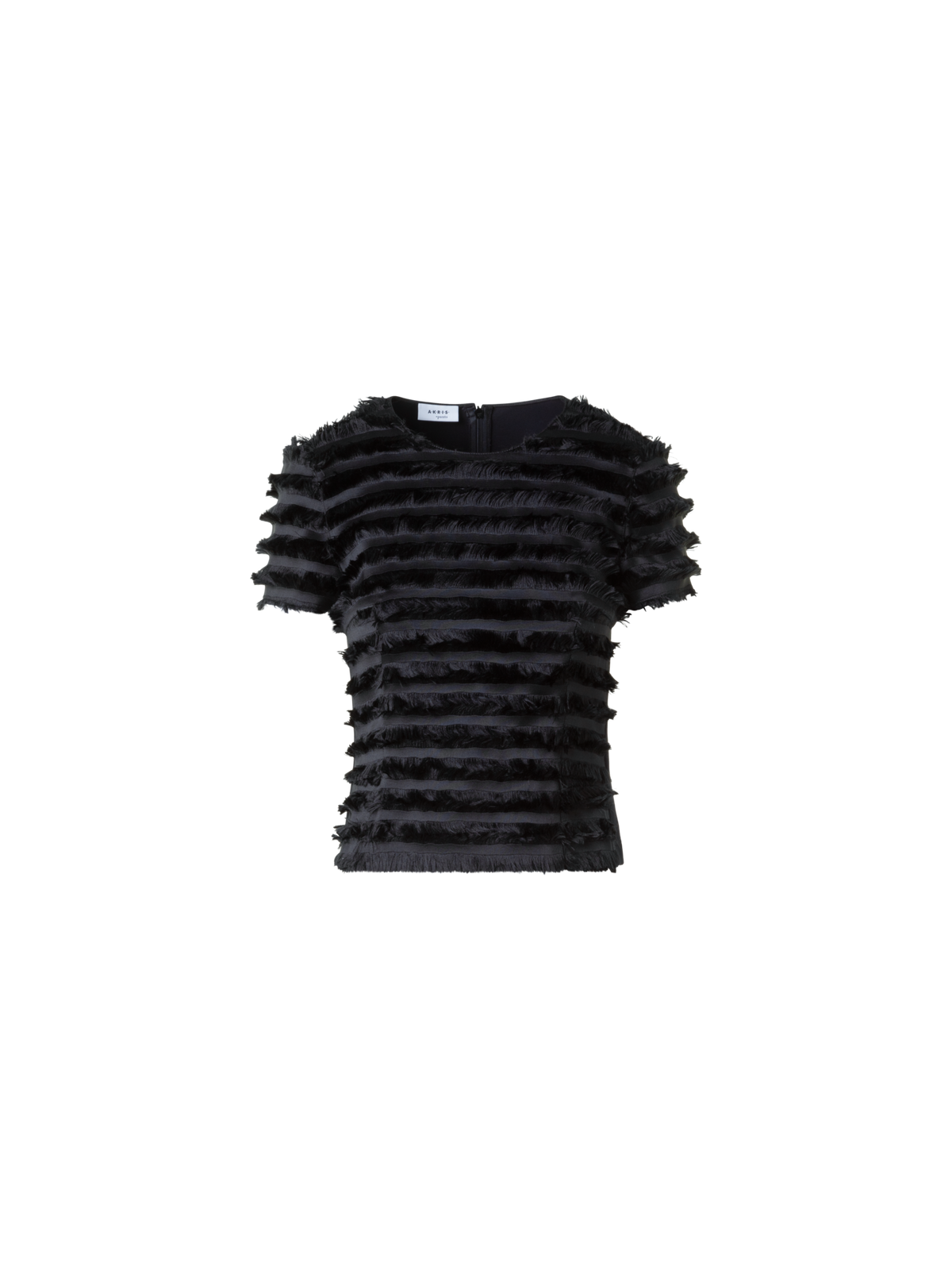 Designer Fitted Short Sleeve Top with Fringe Stripes - black - neutral