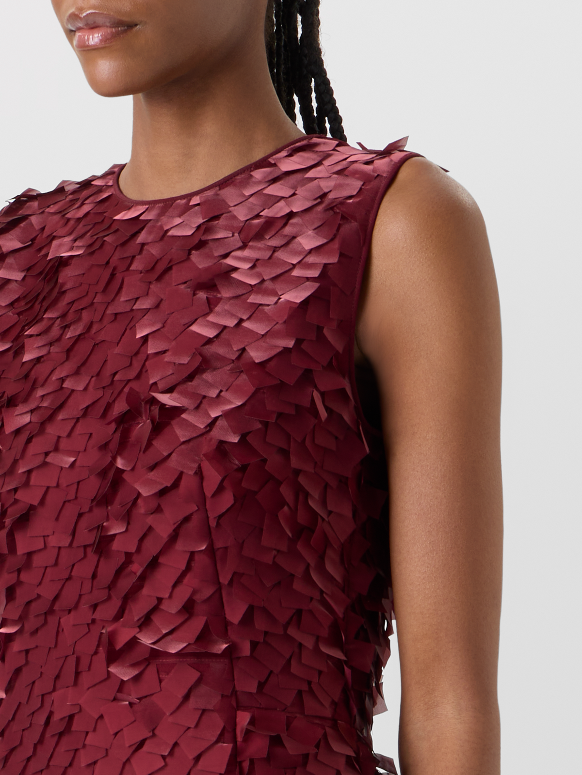 Designer Asymmetrical Midi Dress in Layered Organza Tiles - red 